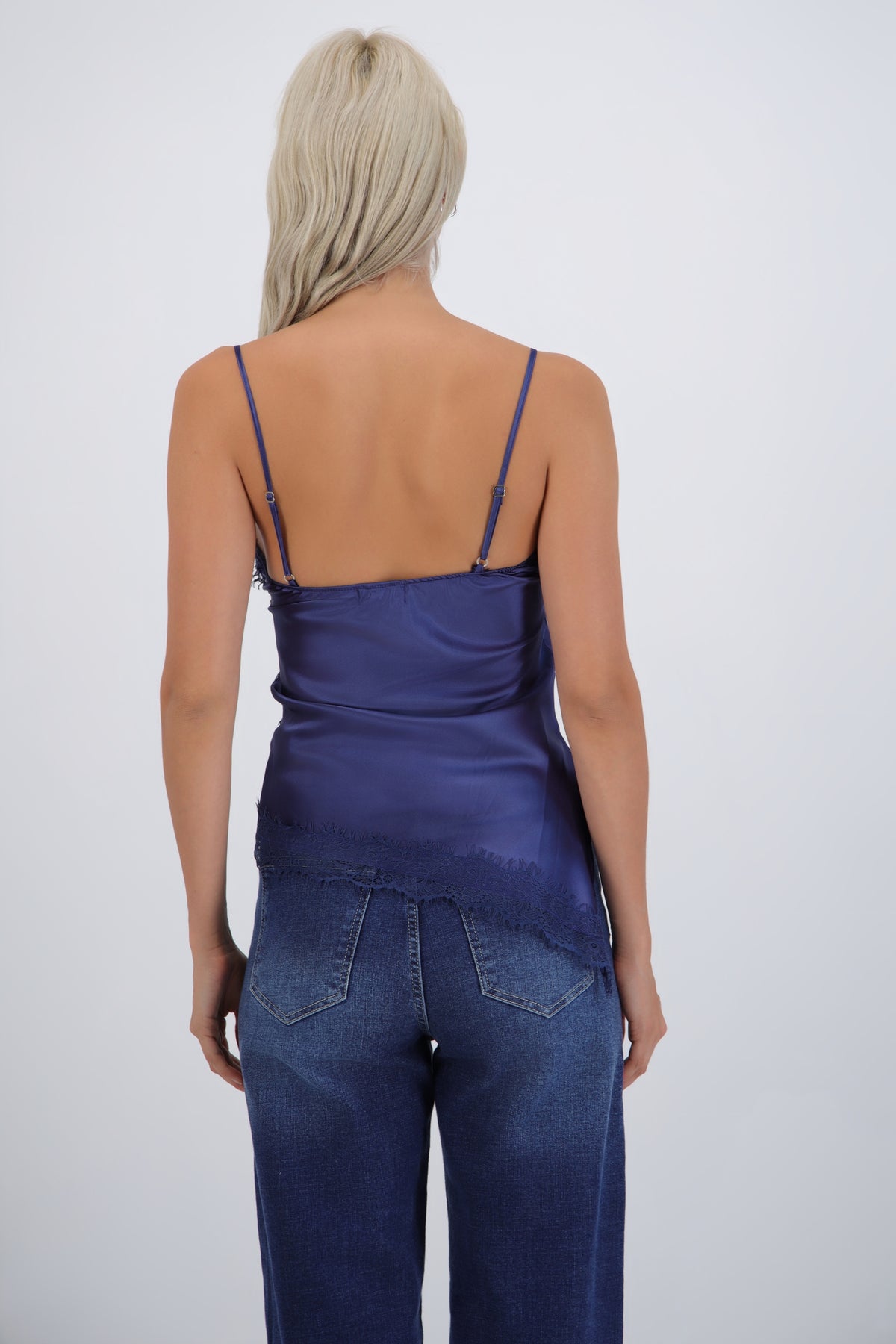 satin top with lace asymmetrical neckline