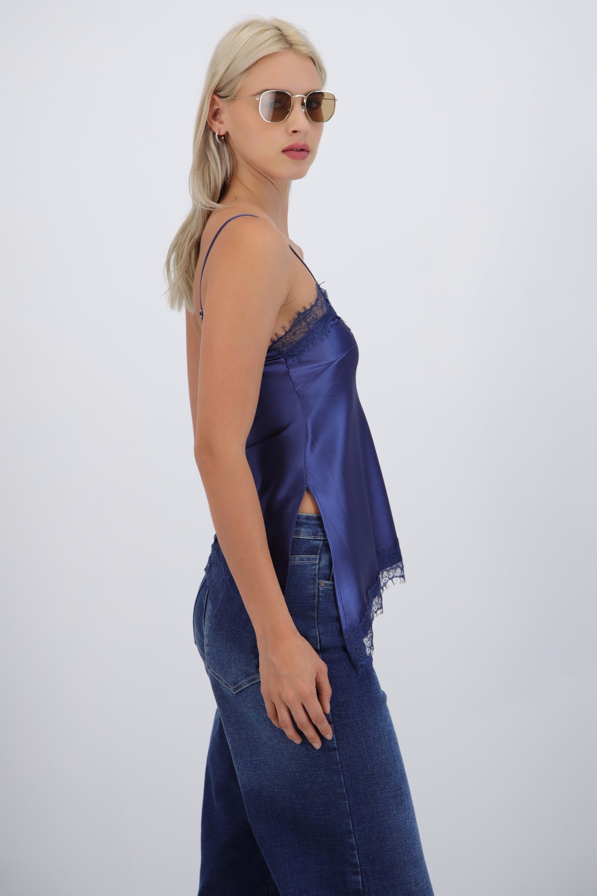 satin top with lace asymmetrical neckline