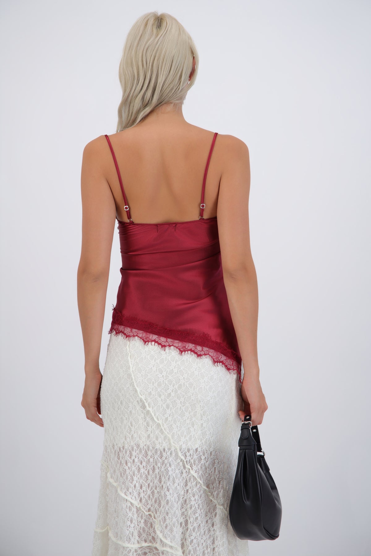 satin top with lace asymmetrical neckline