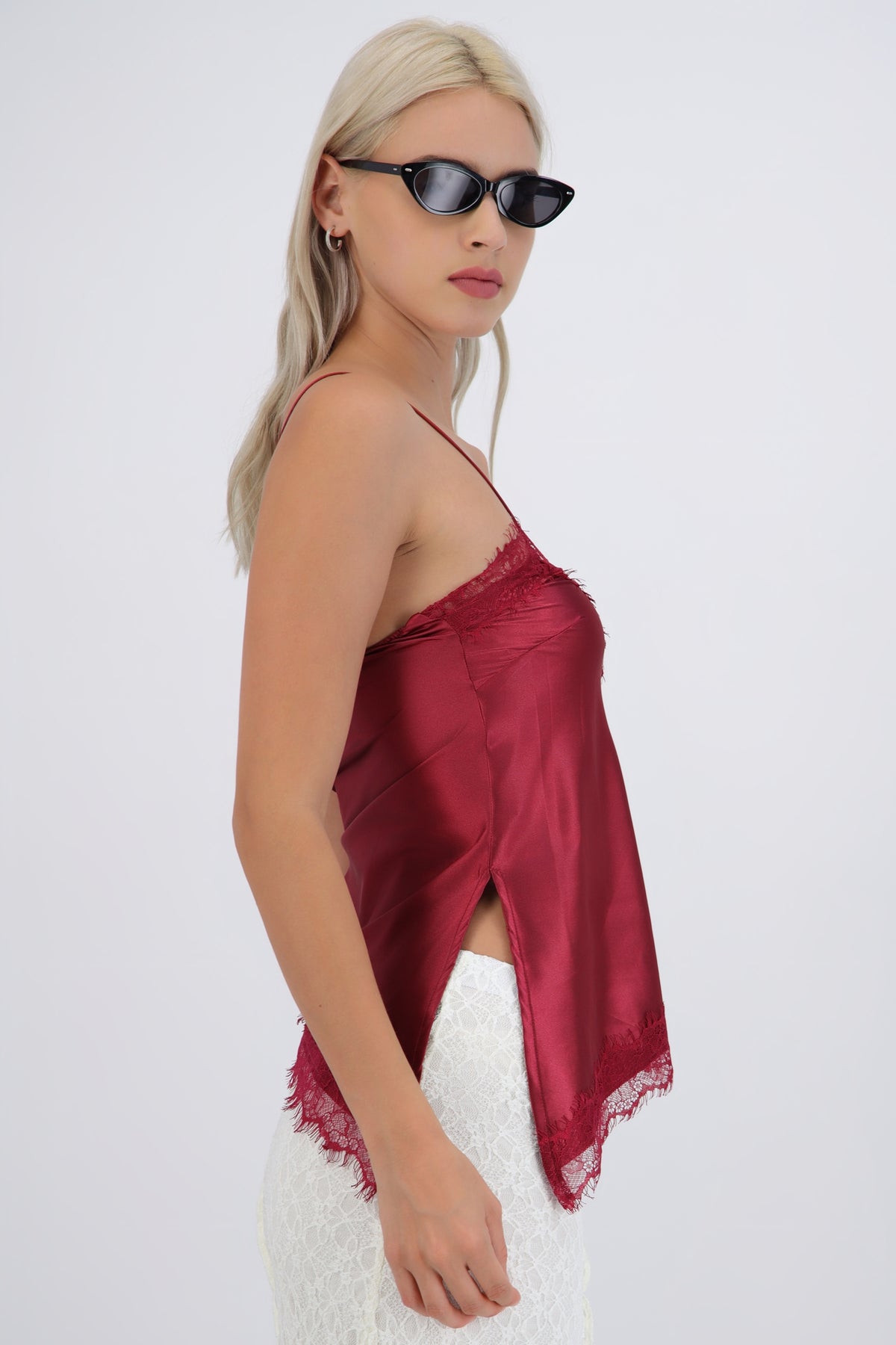 satin top with lace asymmetrical neckline