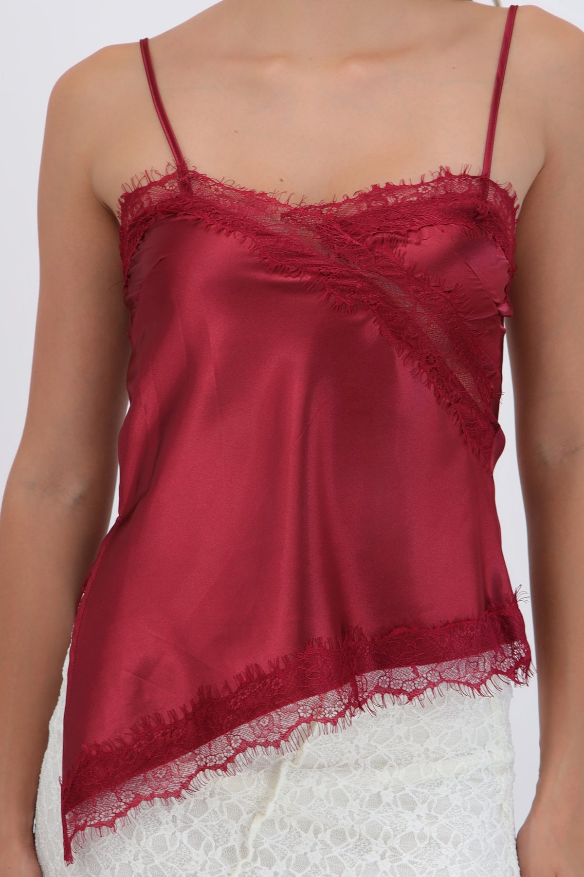 satin top with lace asymmetrical neckline