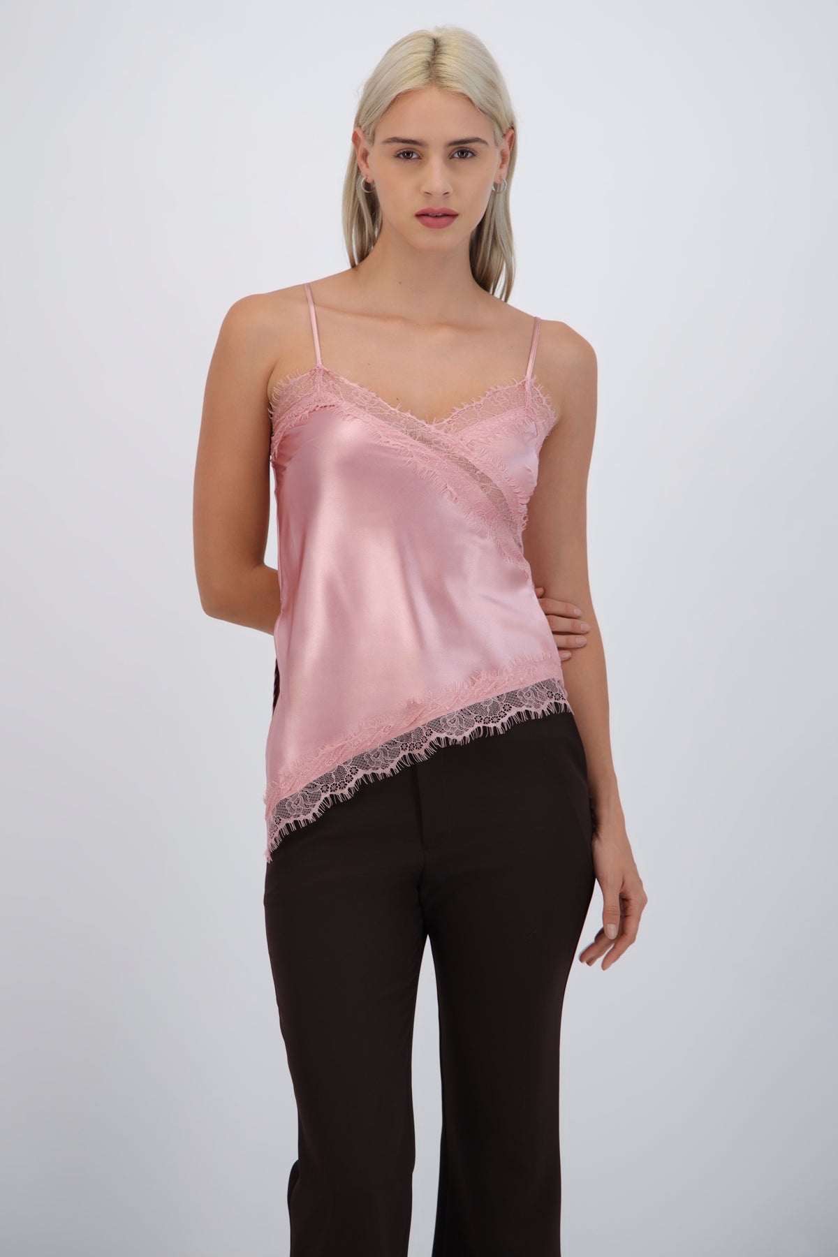 satin top with lace asymmetrical neckline