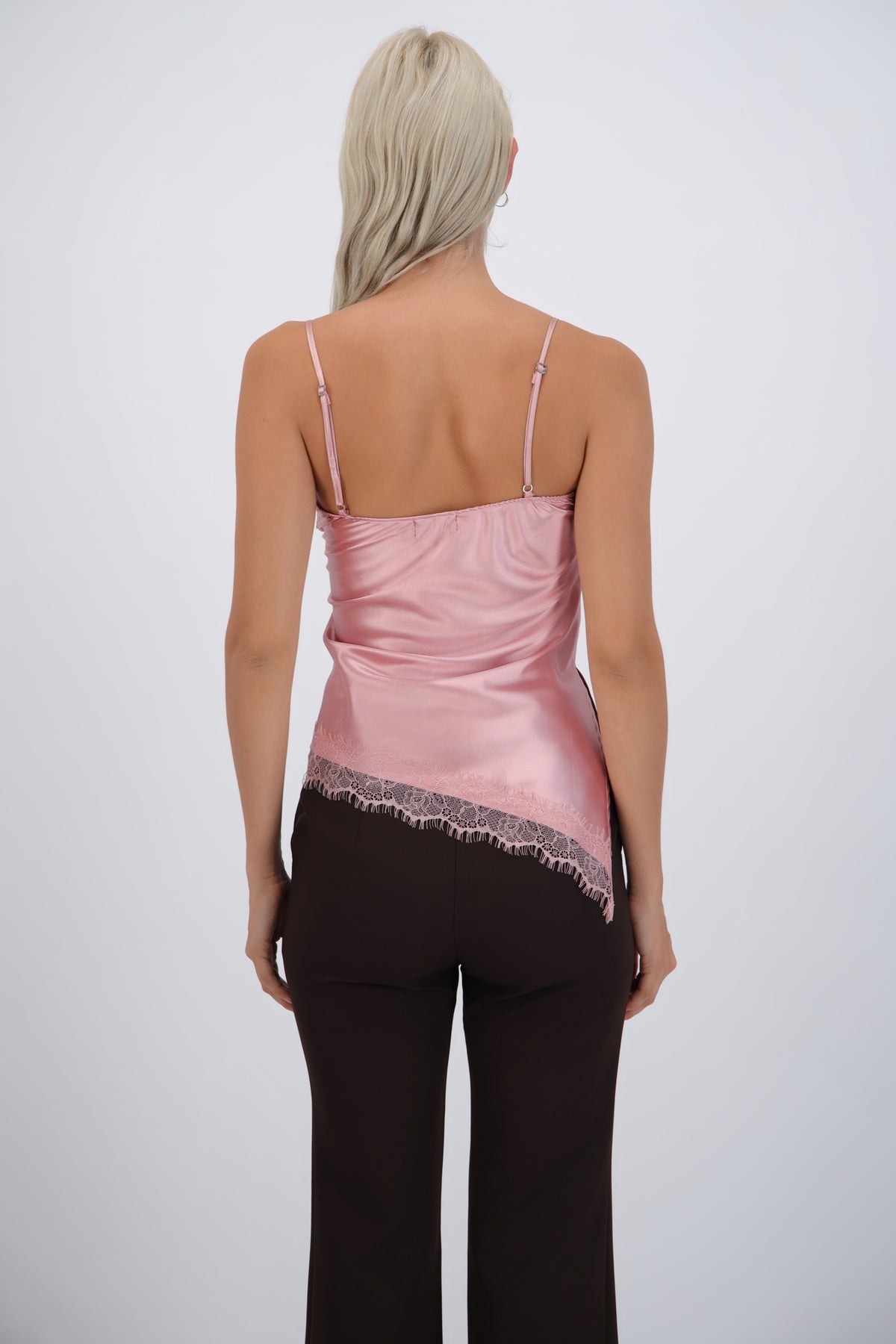 satin top with lace asymmetrical neckline