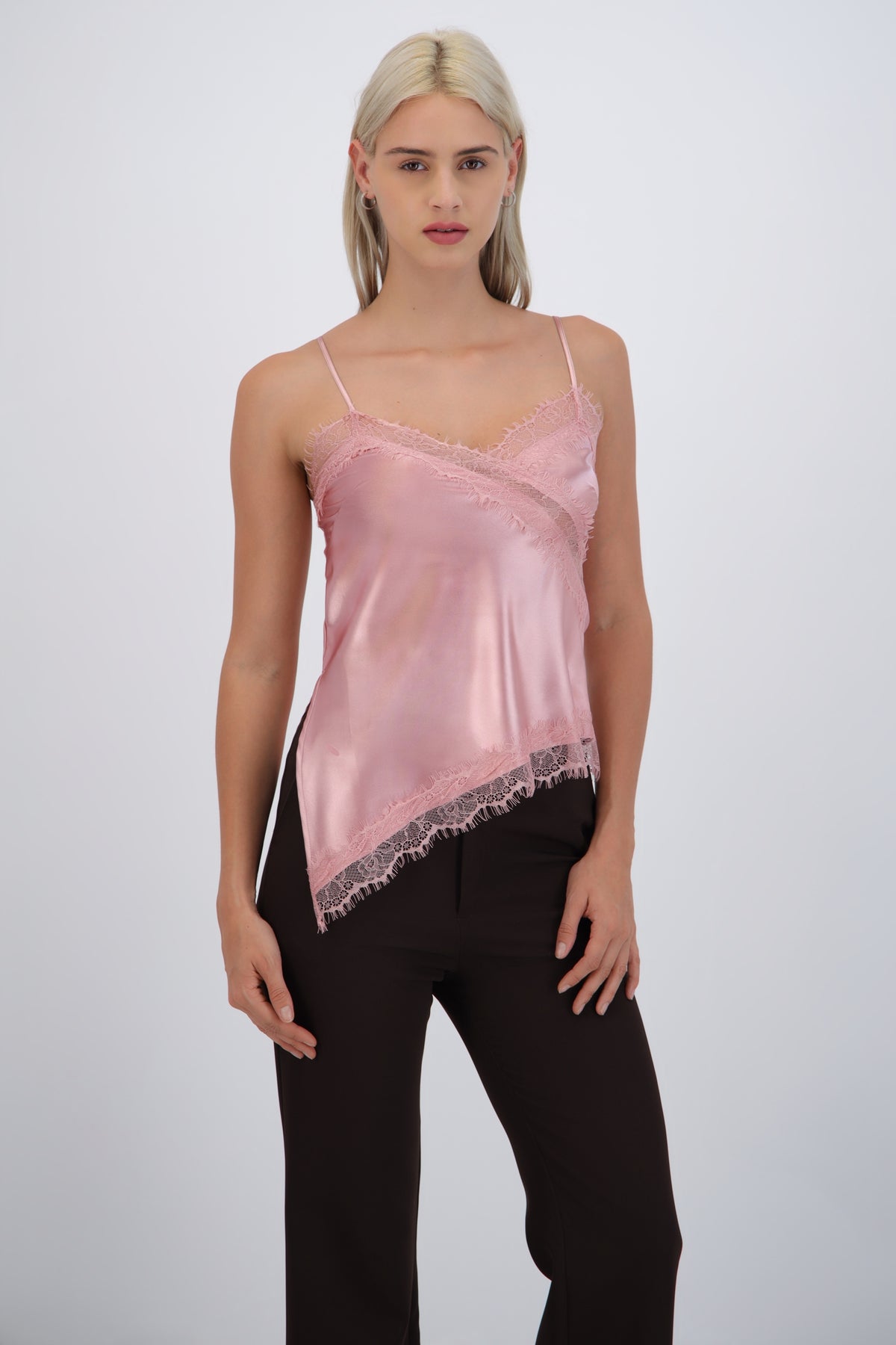 satin top with lace asymmetrical neckline