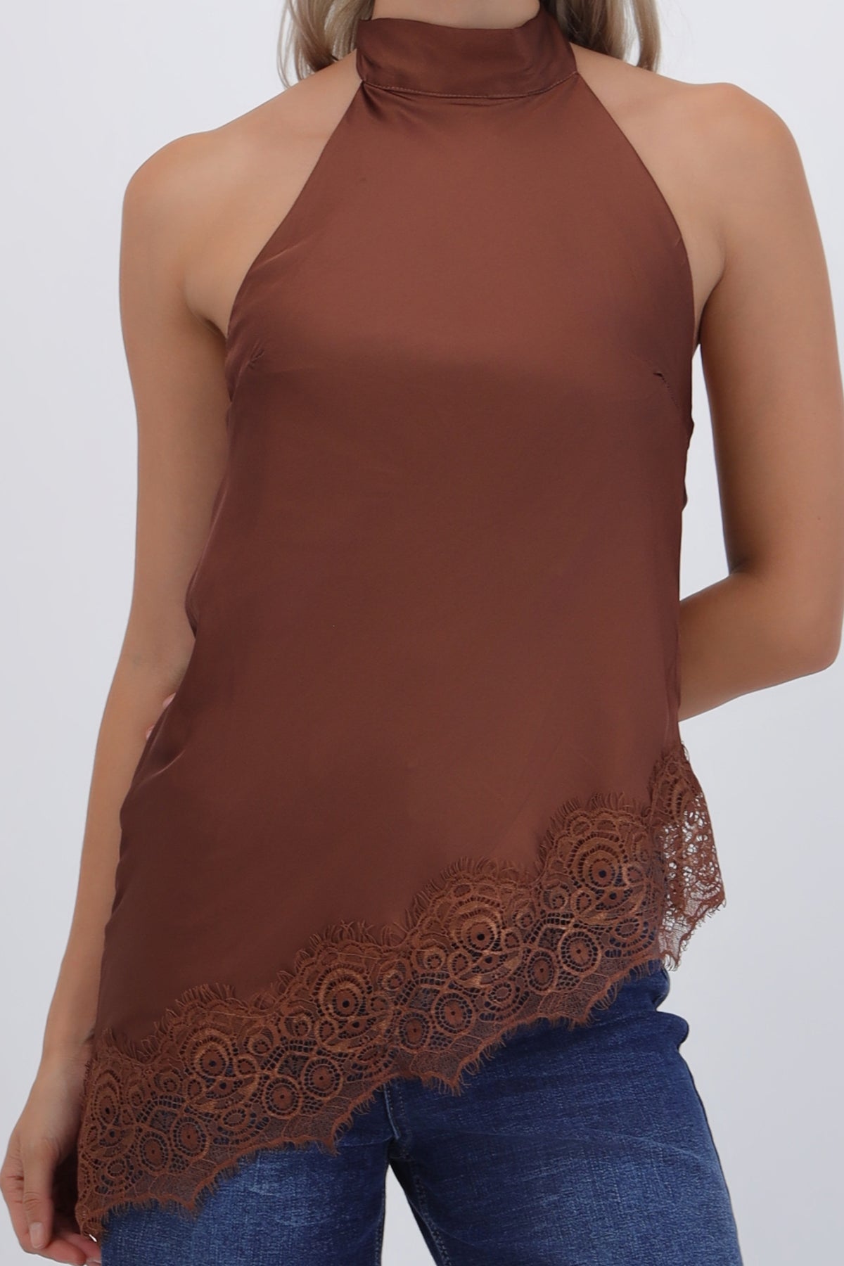Satin Halter Top with Lace Detail