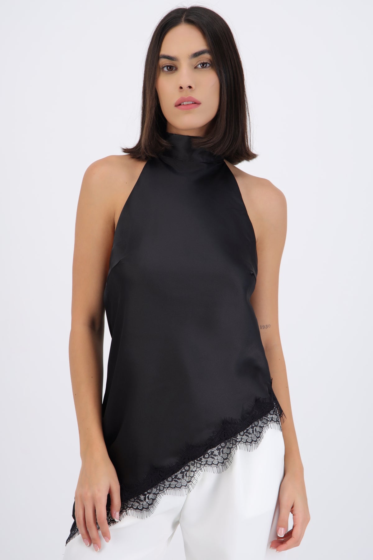 Satin Halter Top with Lace Detail