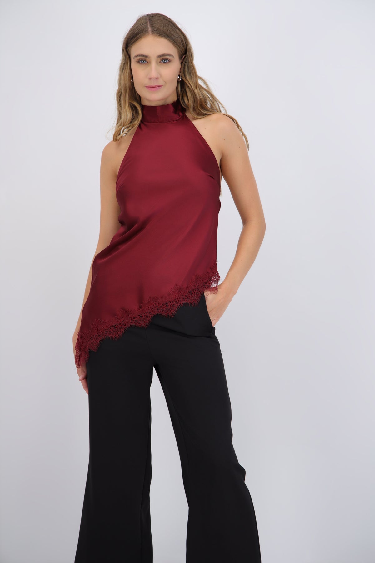 Satin Halter Top with Lace Detail