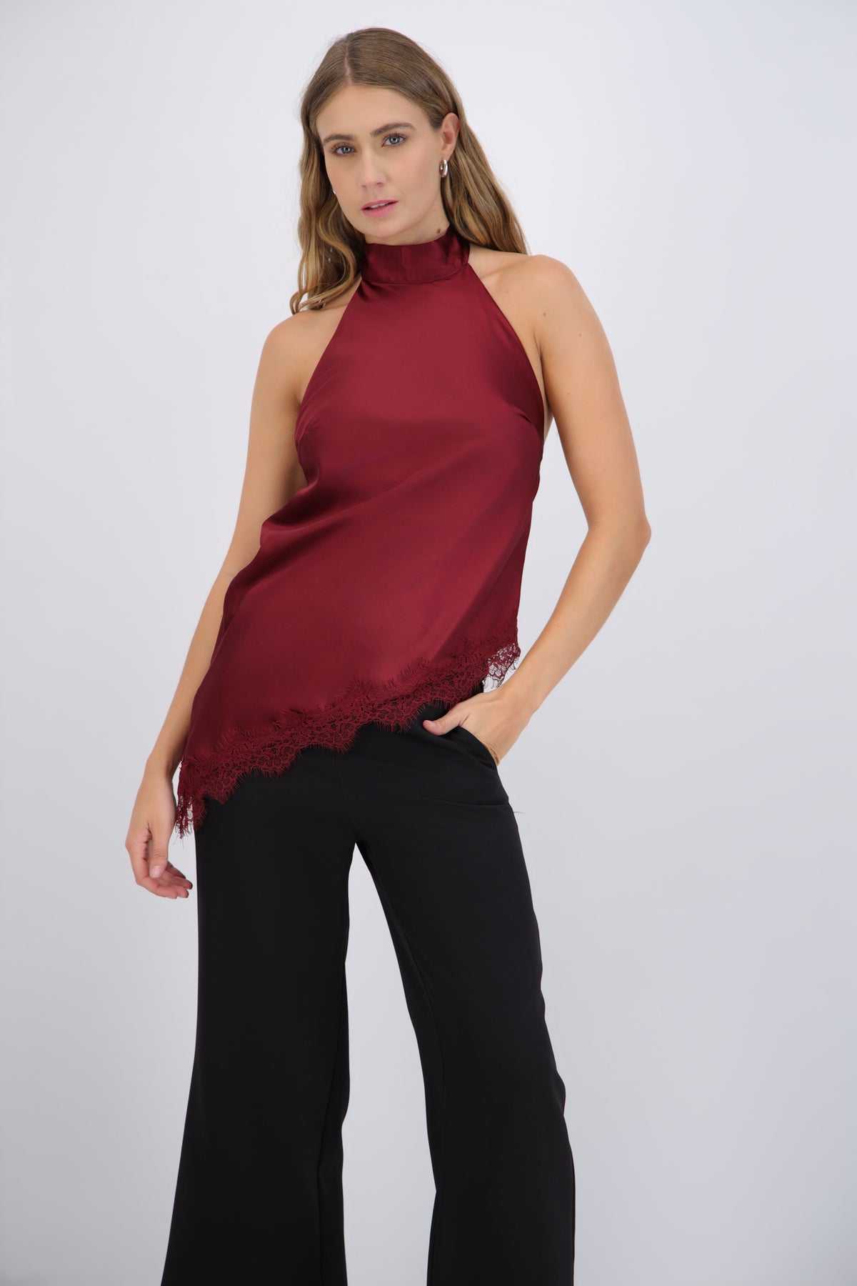 Satin Halter Top with Lace Detail