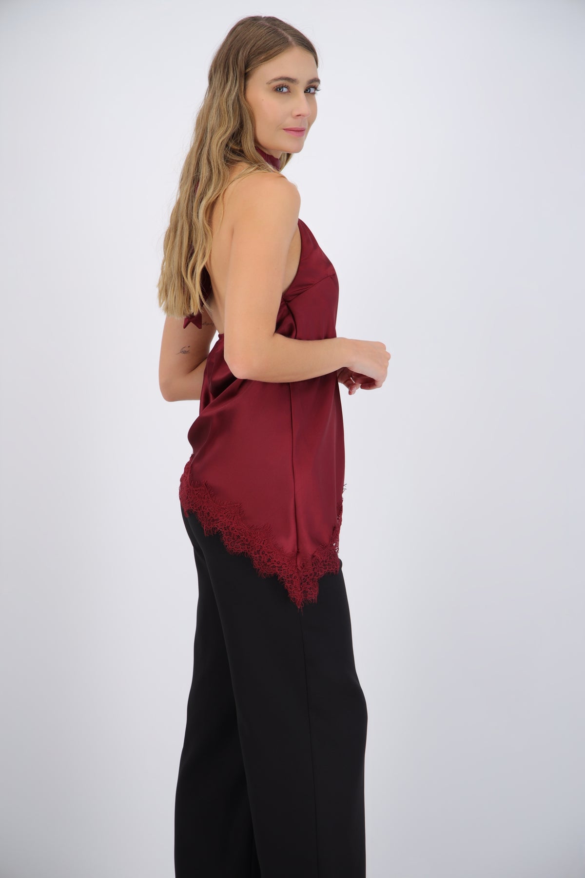 Satin Halter Top with Lace Detail