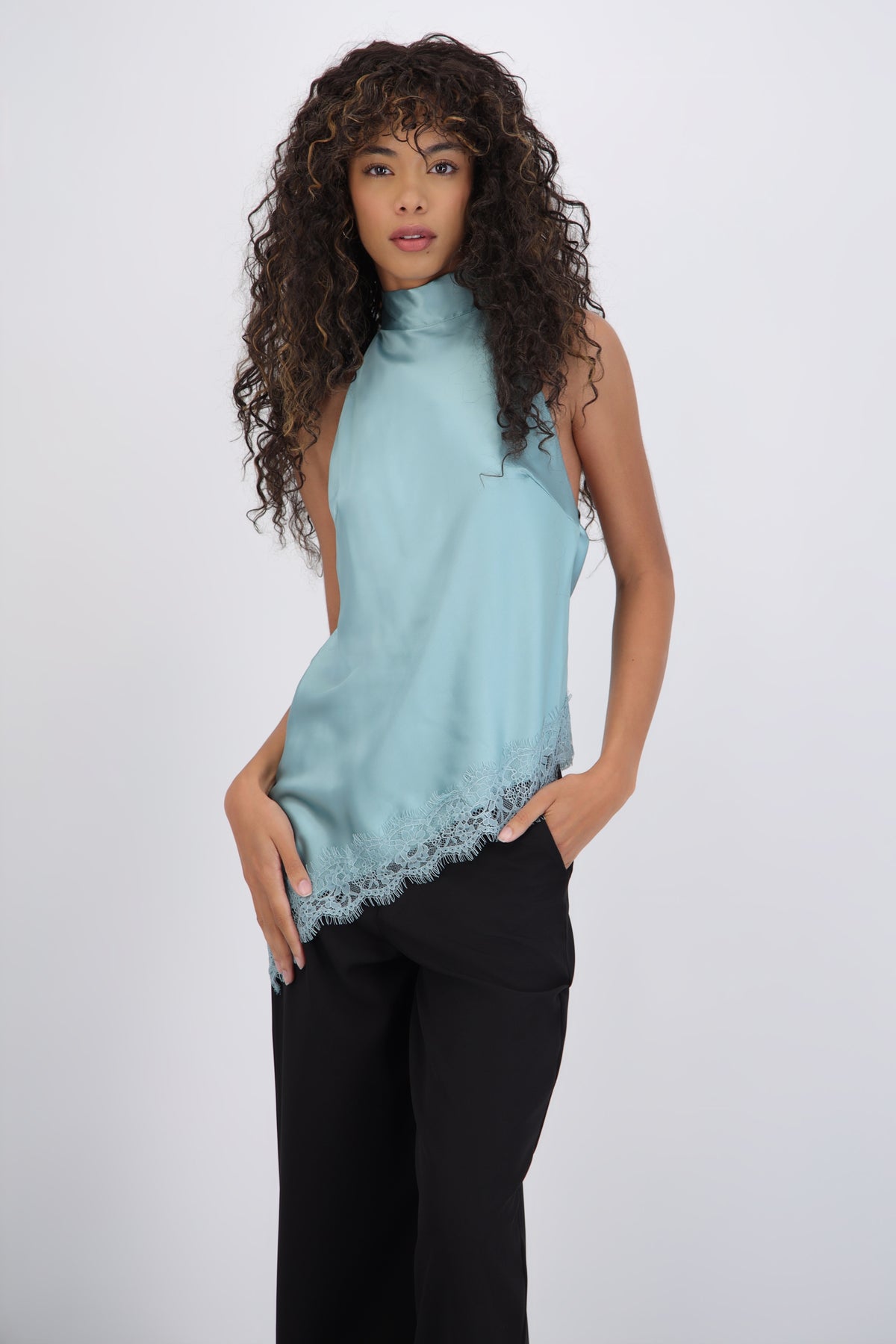 Satin Halter Top with Lace Detail