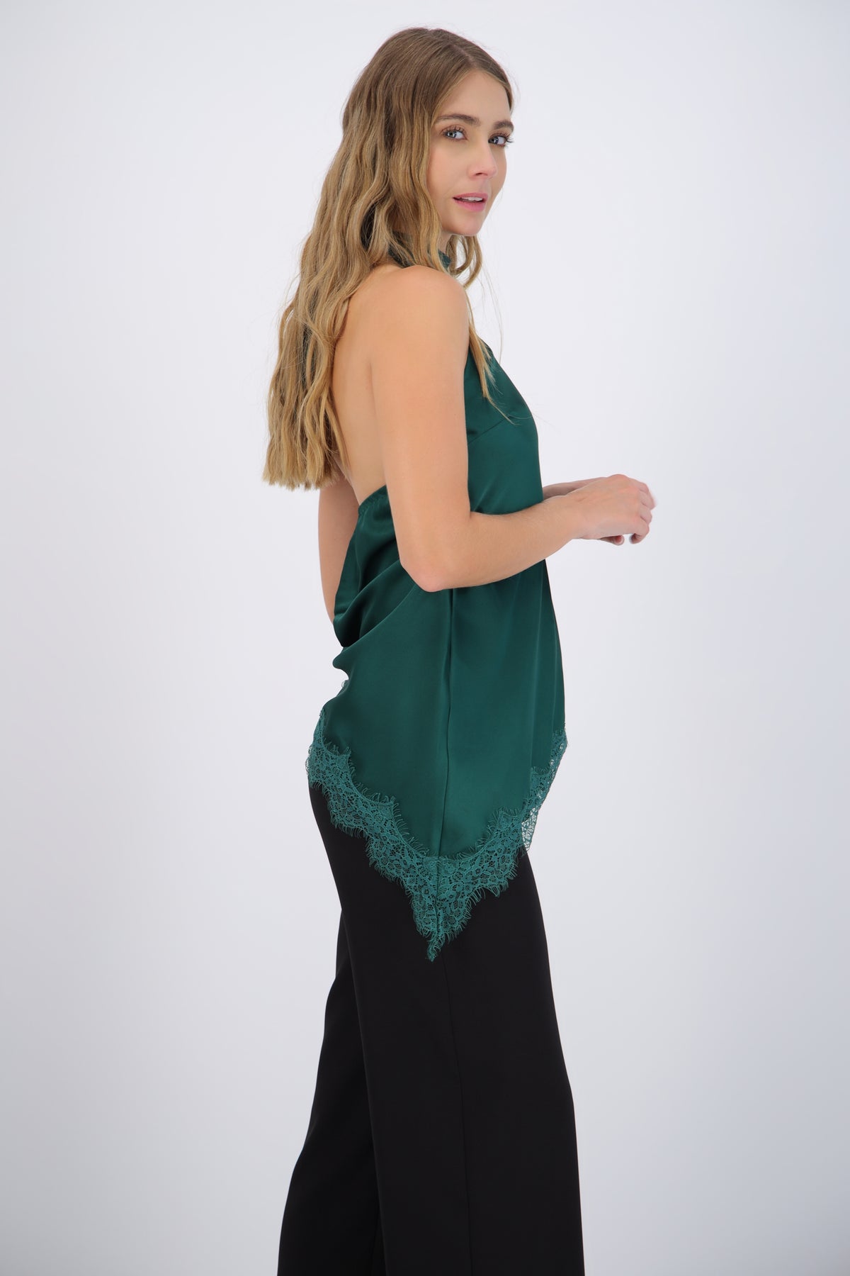 Satin Halter Top with Lace Detail