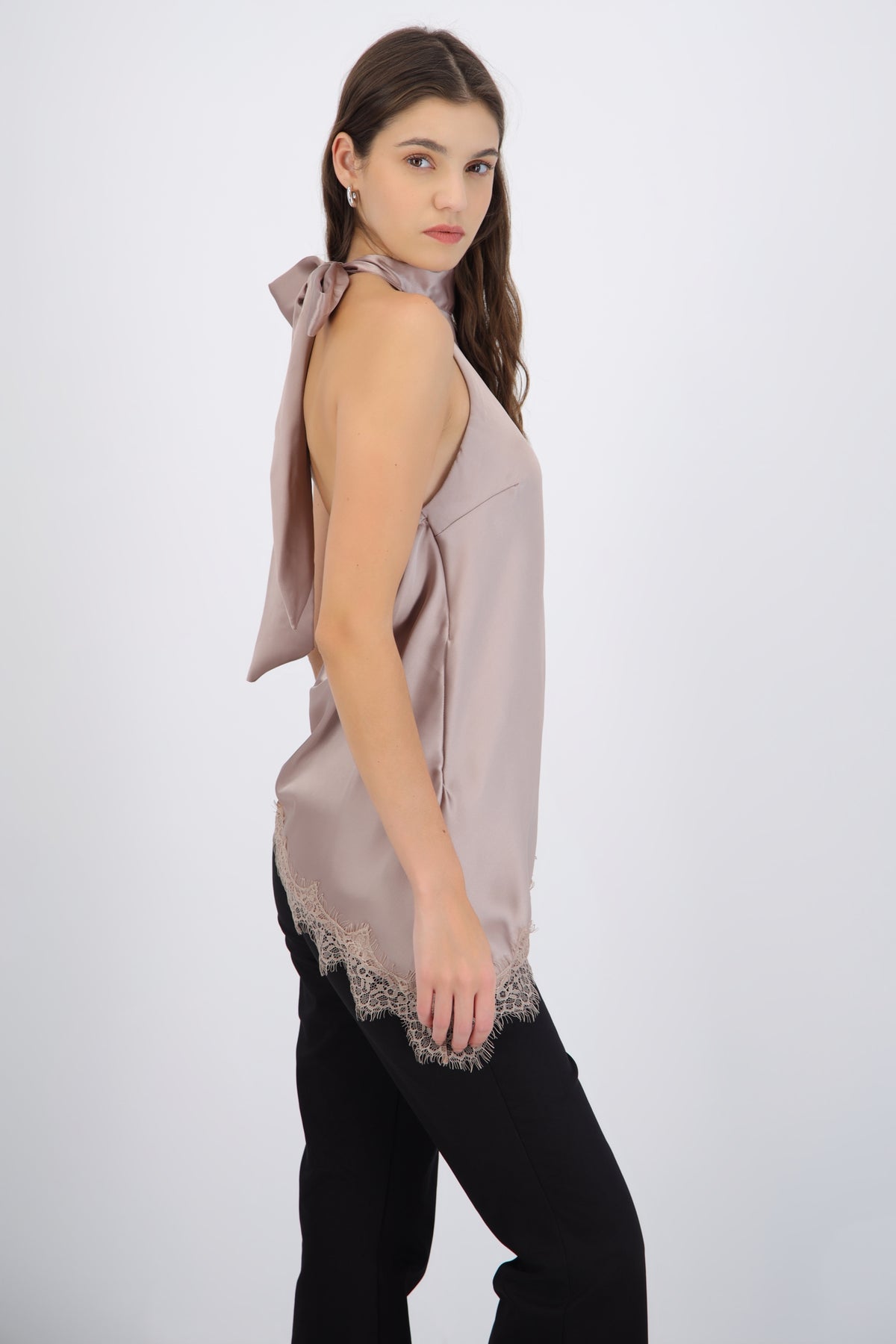 Satin Halter Top with Lace Detail