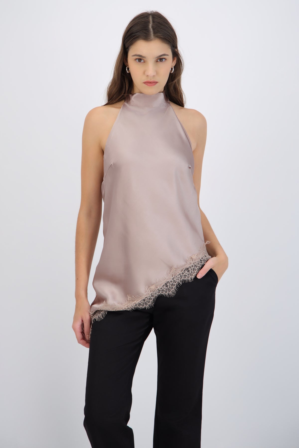 Satin Halter Top with Lace Detail