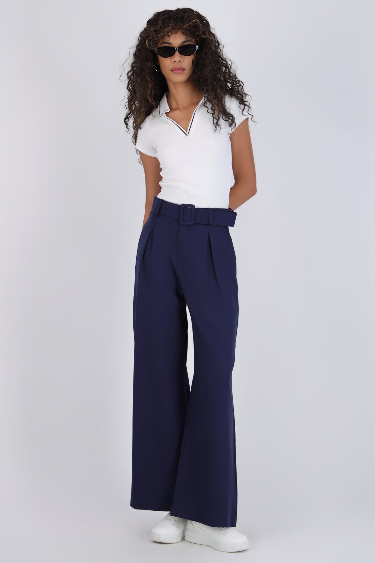 Wide Leg Pants with Belt Detail