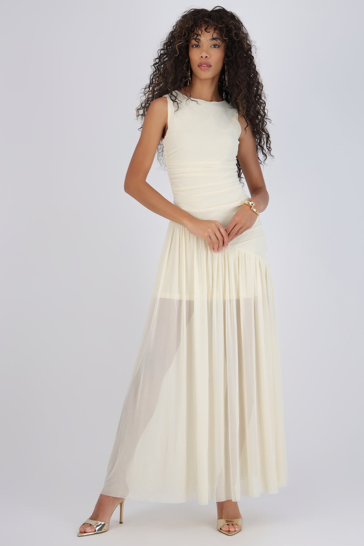 Long Draped Mesh Dress
