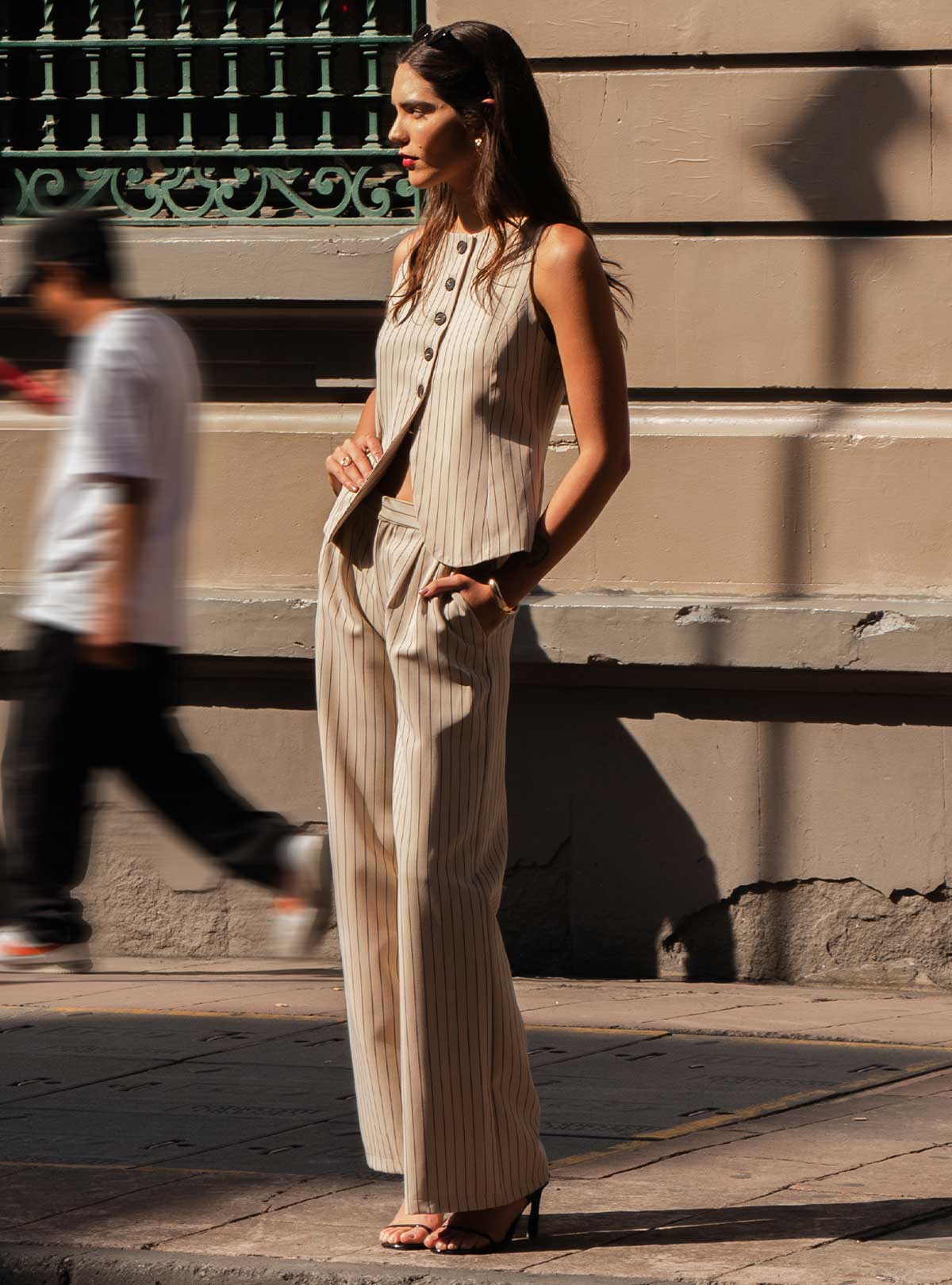 Tailored Striped Pants BEIGE