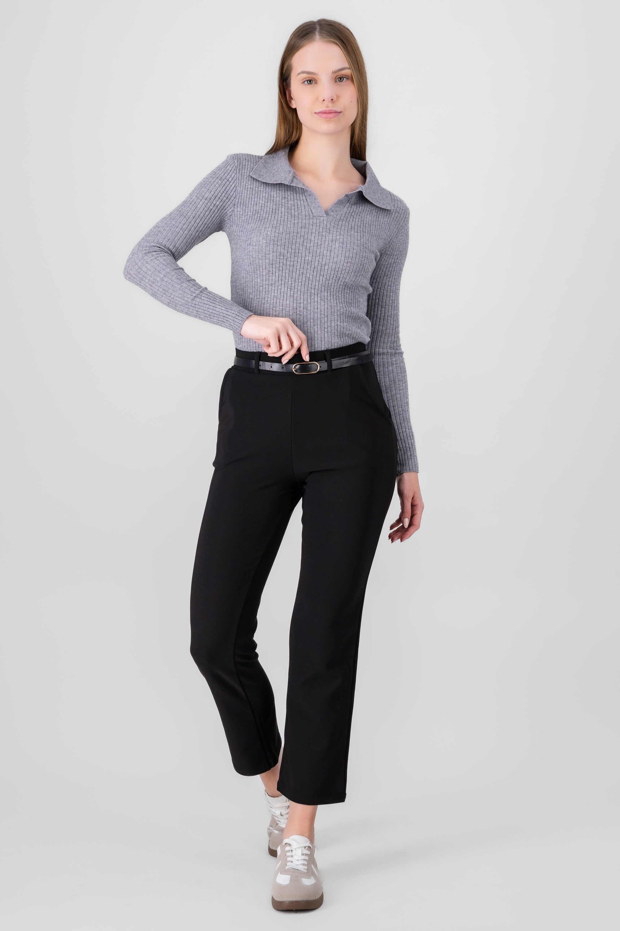 Solid Straight Pants With Belt BLACK