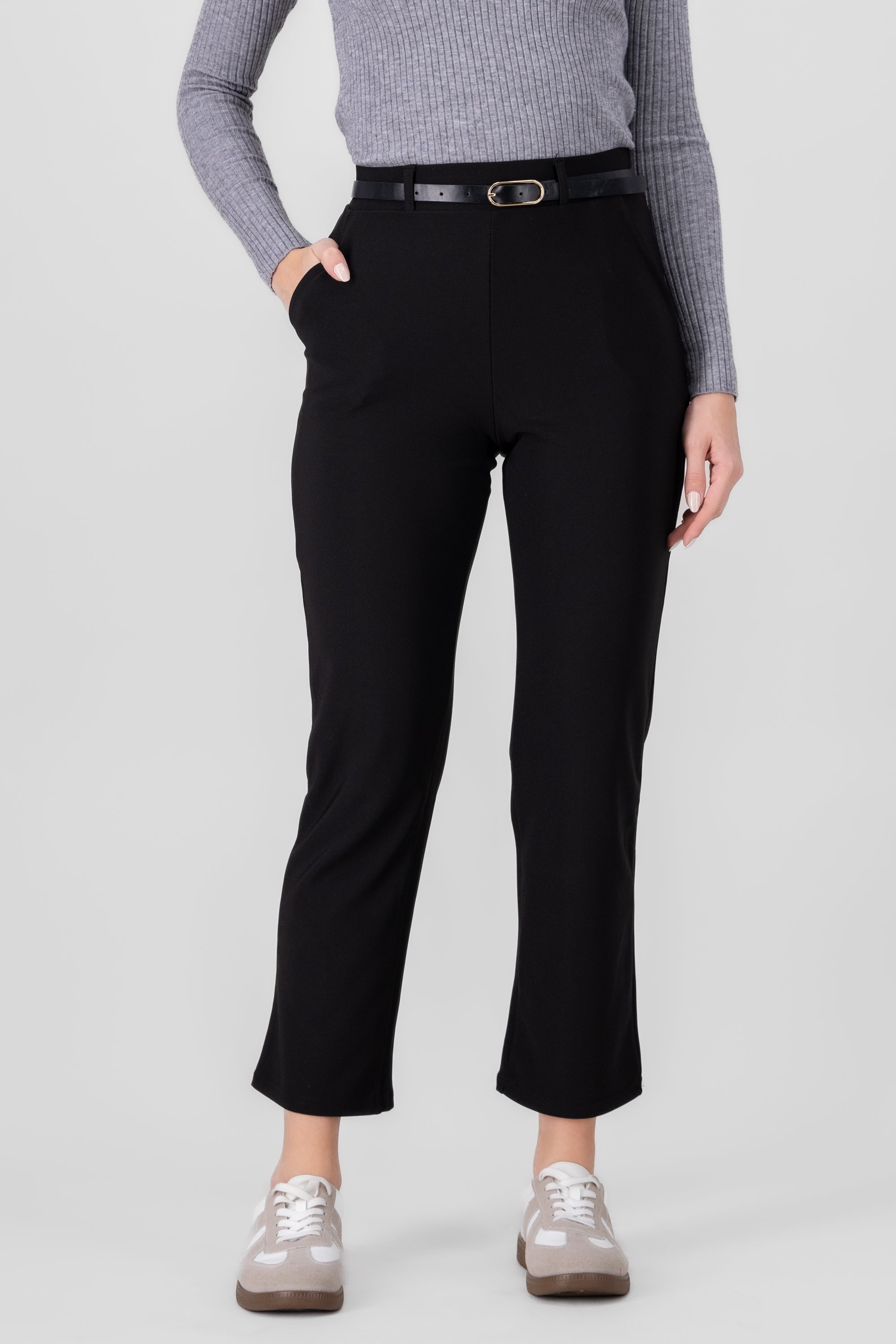 Solid Straight Pants With Belt BLACK