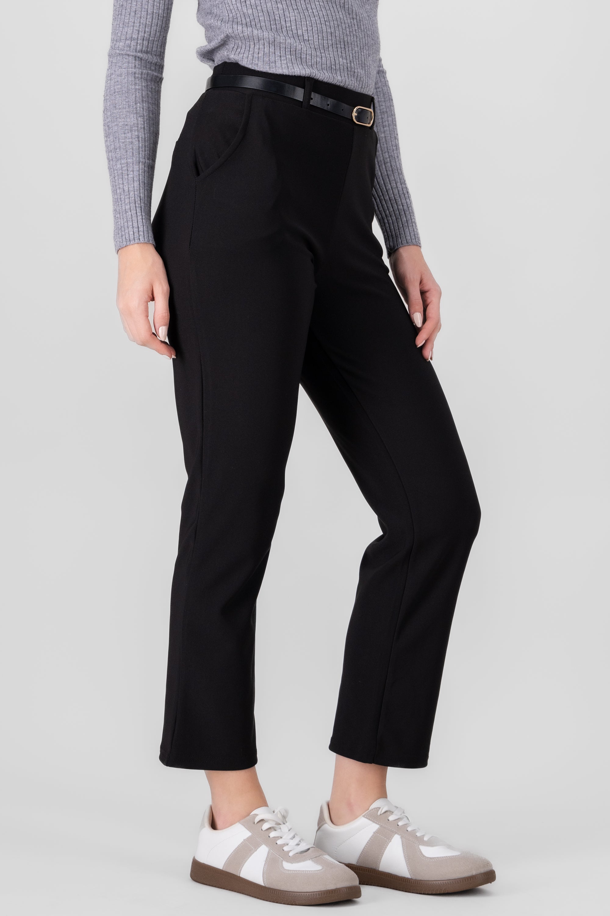 Solid Straight Pants With Belt BLACK