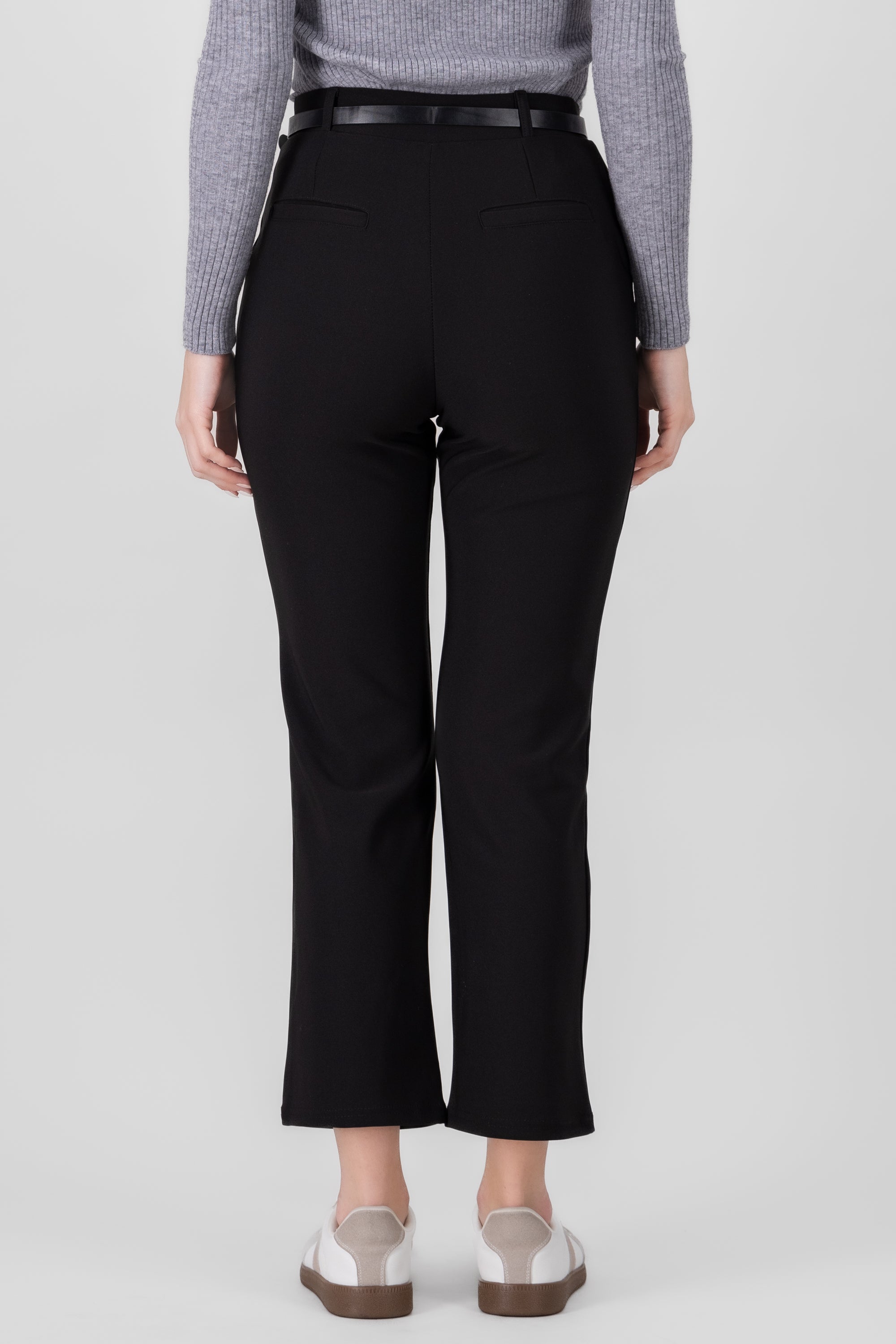 Solid Straight Pants With Belt BLACK