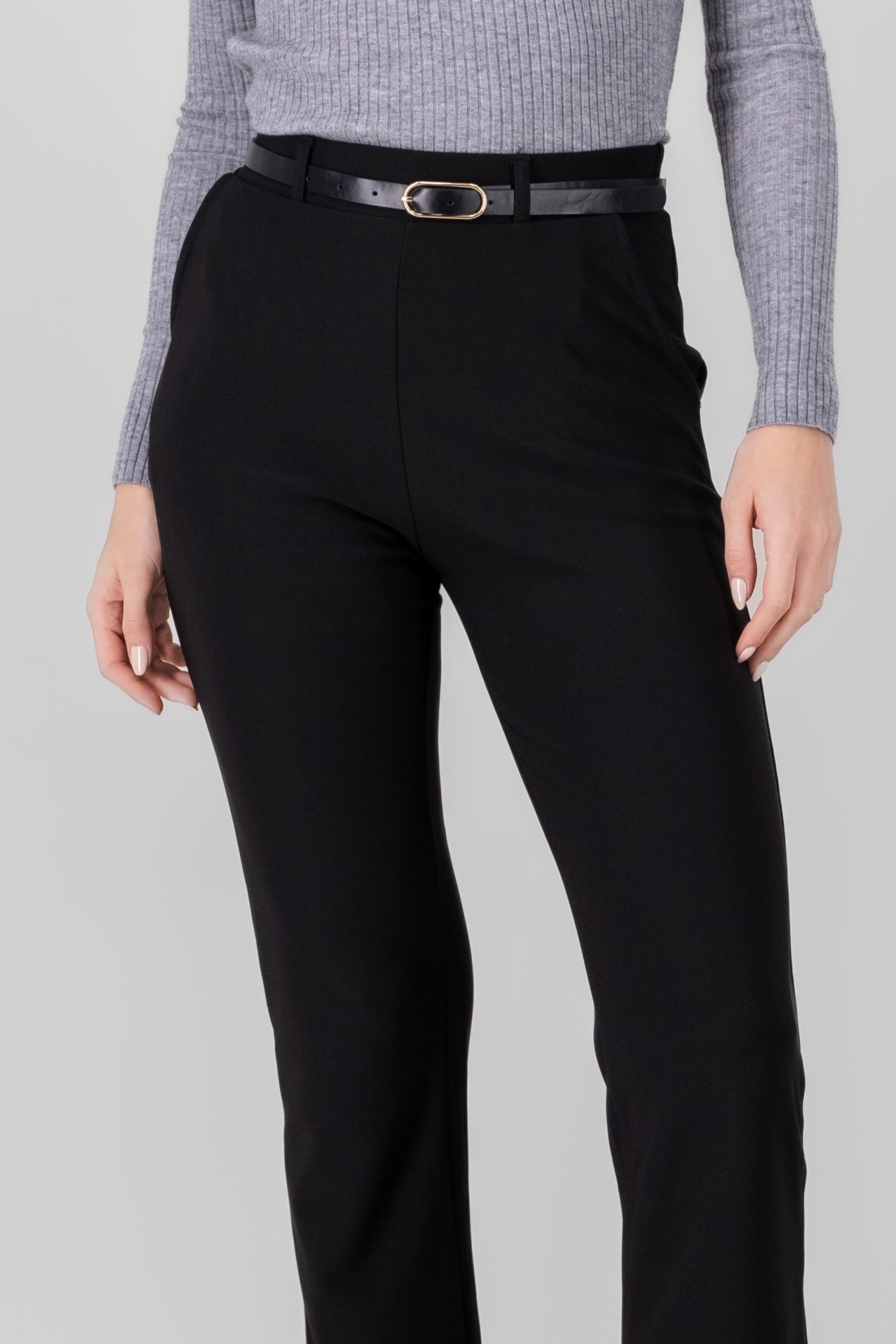 Solid Straight Pants With Belt BLACK