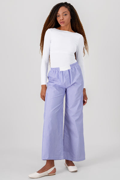 Elastic Waistband Stripped Pants BLUE COMBO