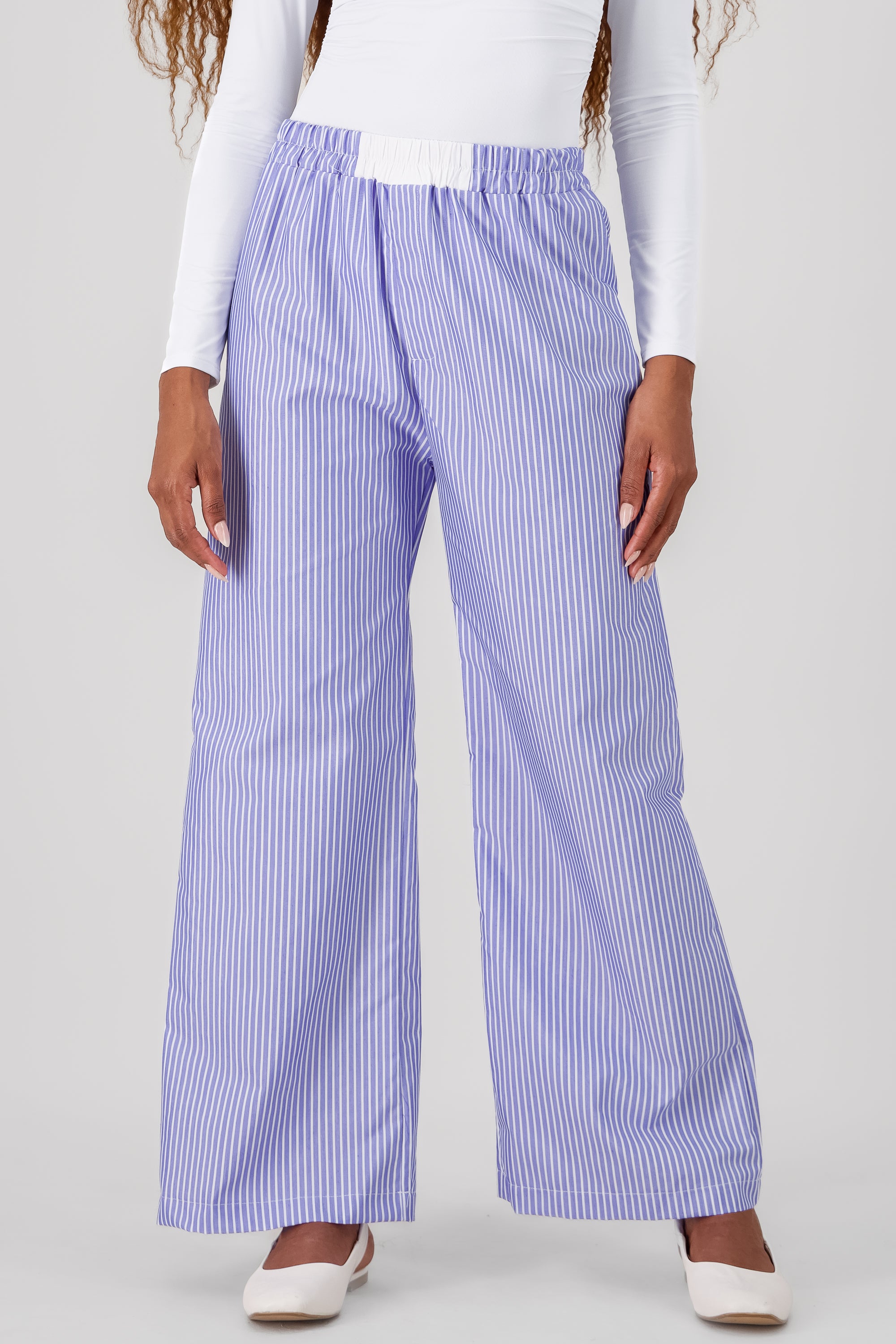 Elastic Waistband Stripped Pants BLUE COMBO