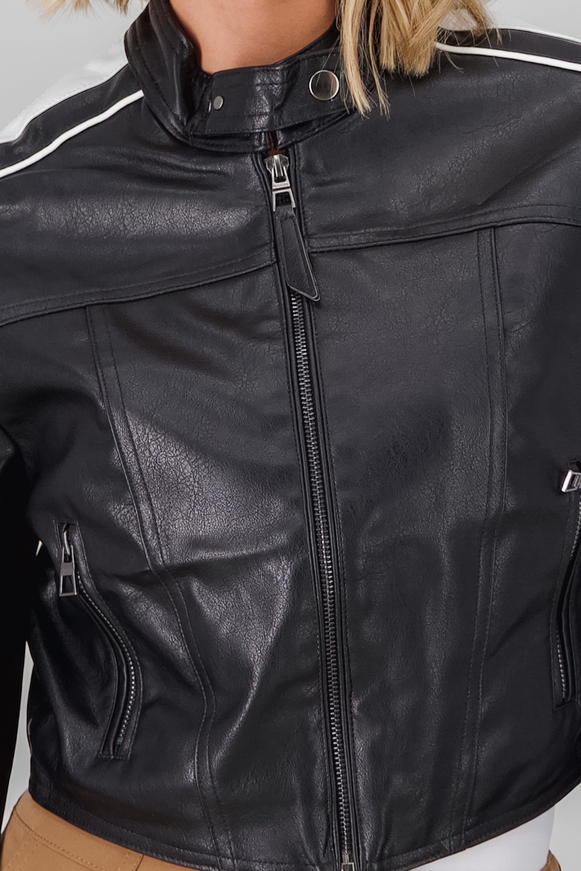 faux leather biker jacket black detail