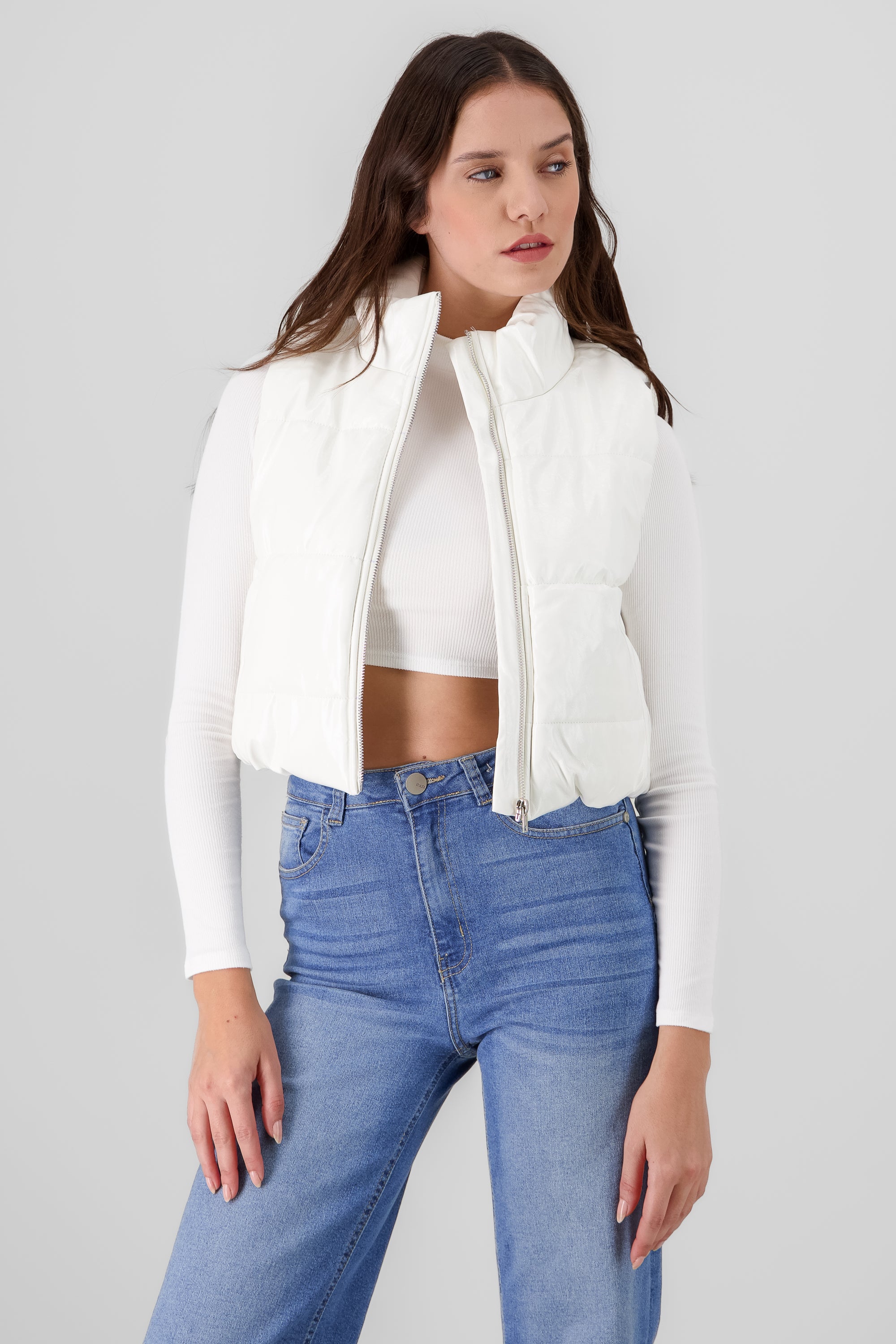 faux leather puffer vest white front