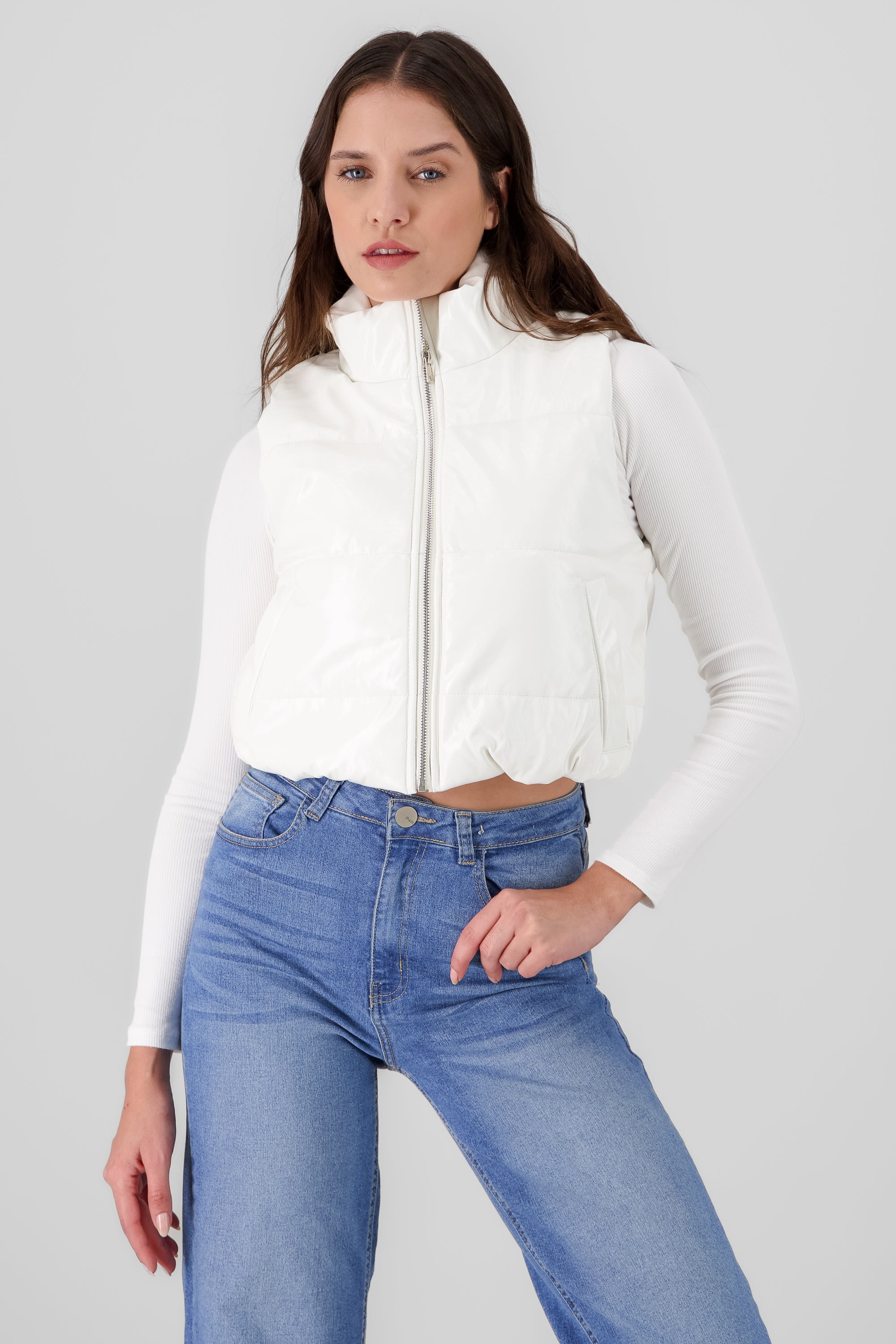 faux leather puffer vest white front 2