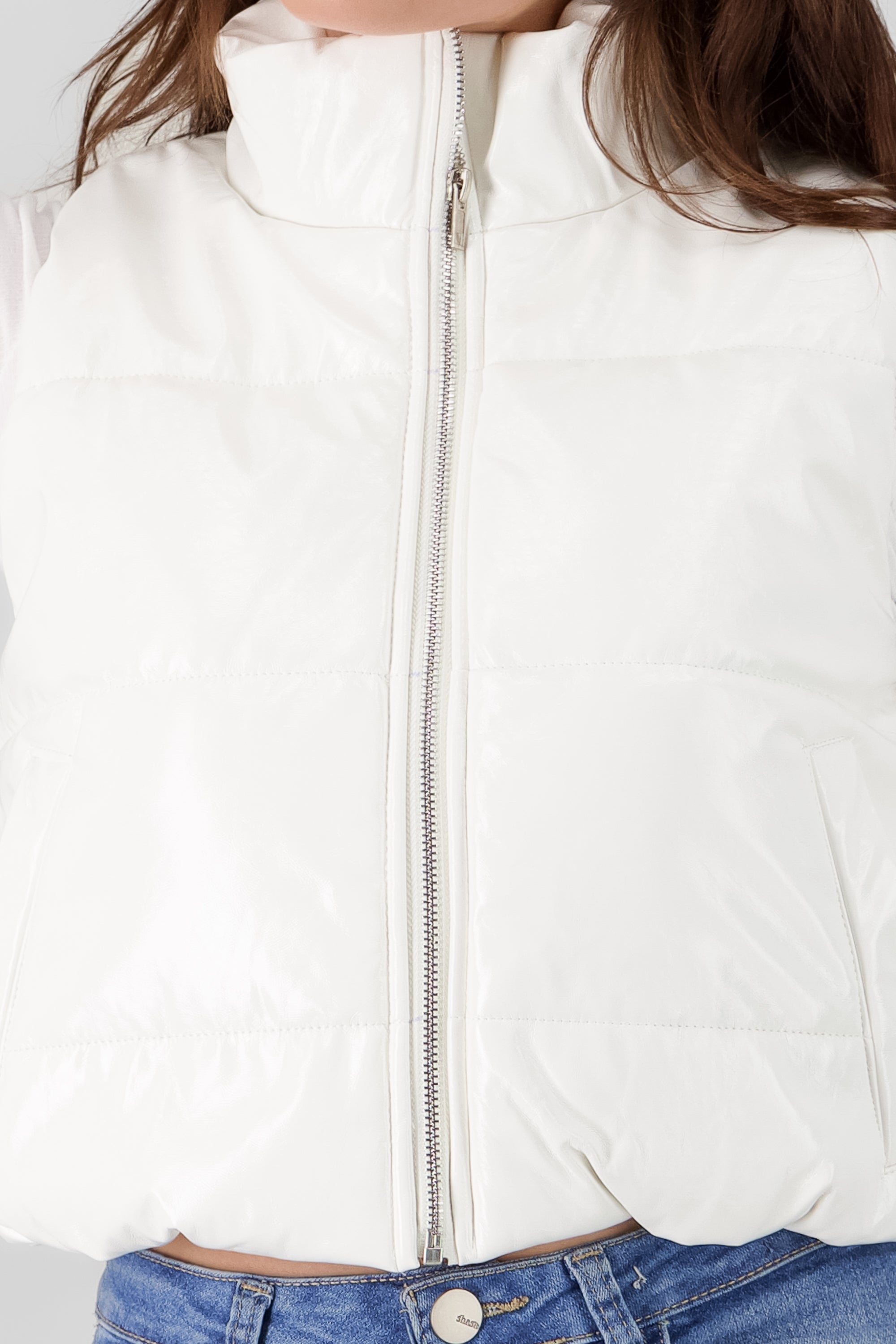 faux leather puffer vest white detail