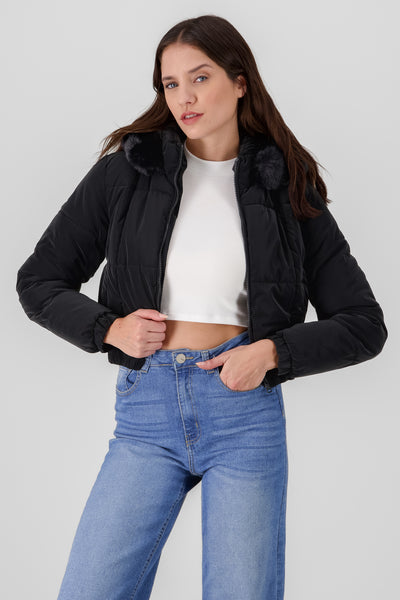 fur trim puffer jacket black front