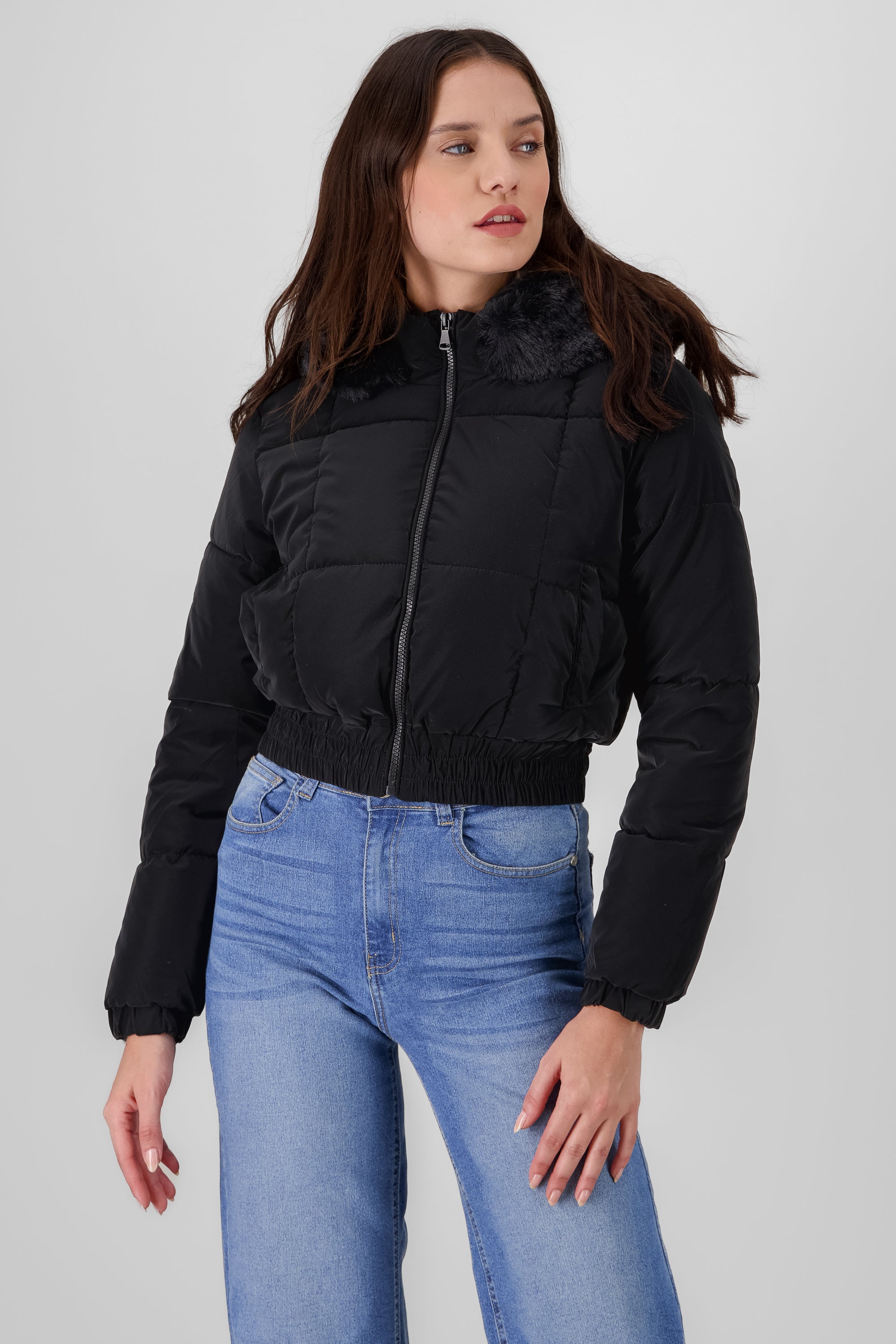 fur trim puffer jacket black front 2