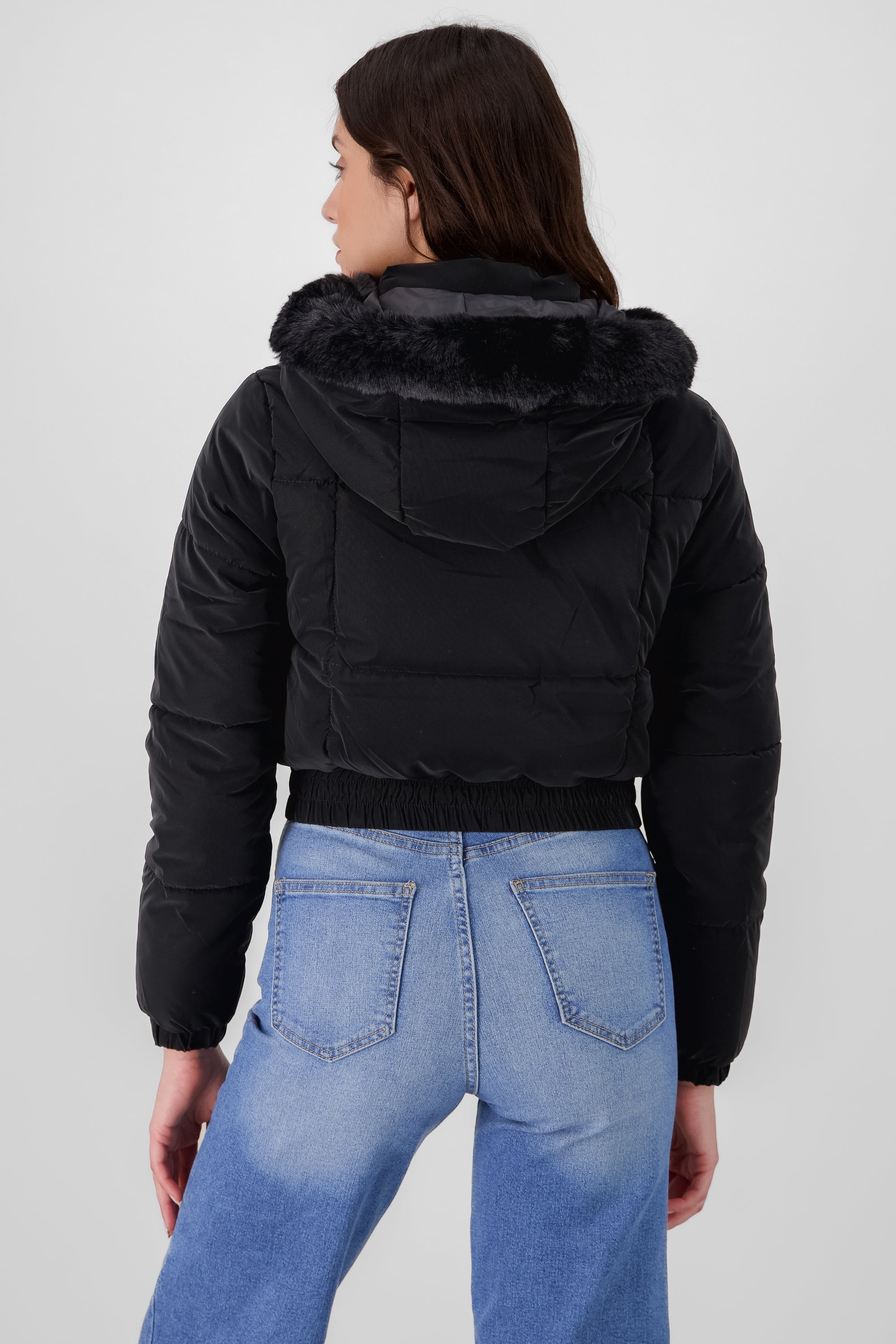 fur trim puffer jacket black back