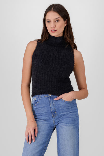 Fuzzy High Neck Top BLACK