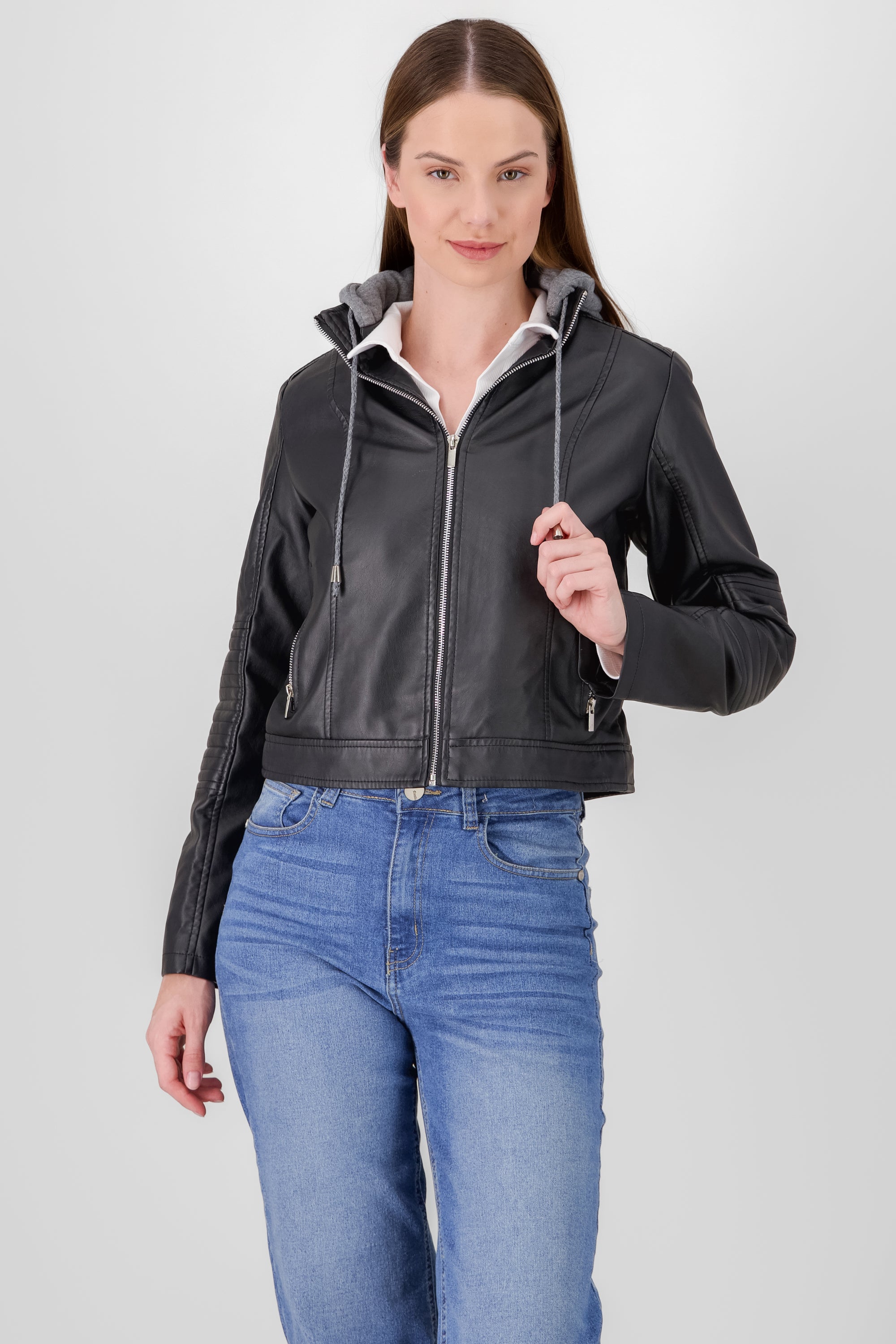 hooded faux leather jacket black gray front 2