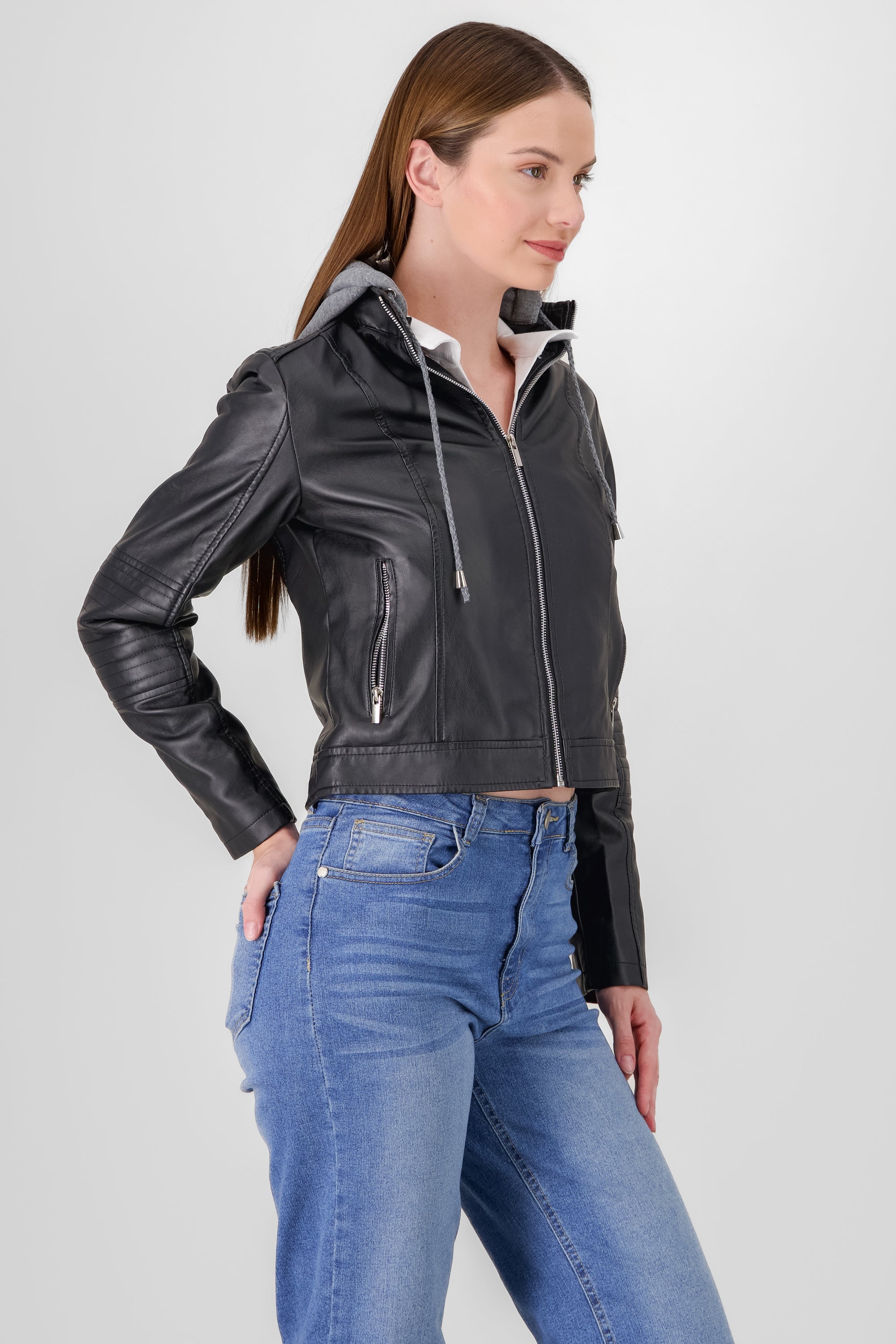 hooded faux leather jacket black gray side