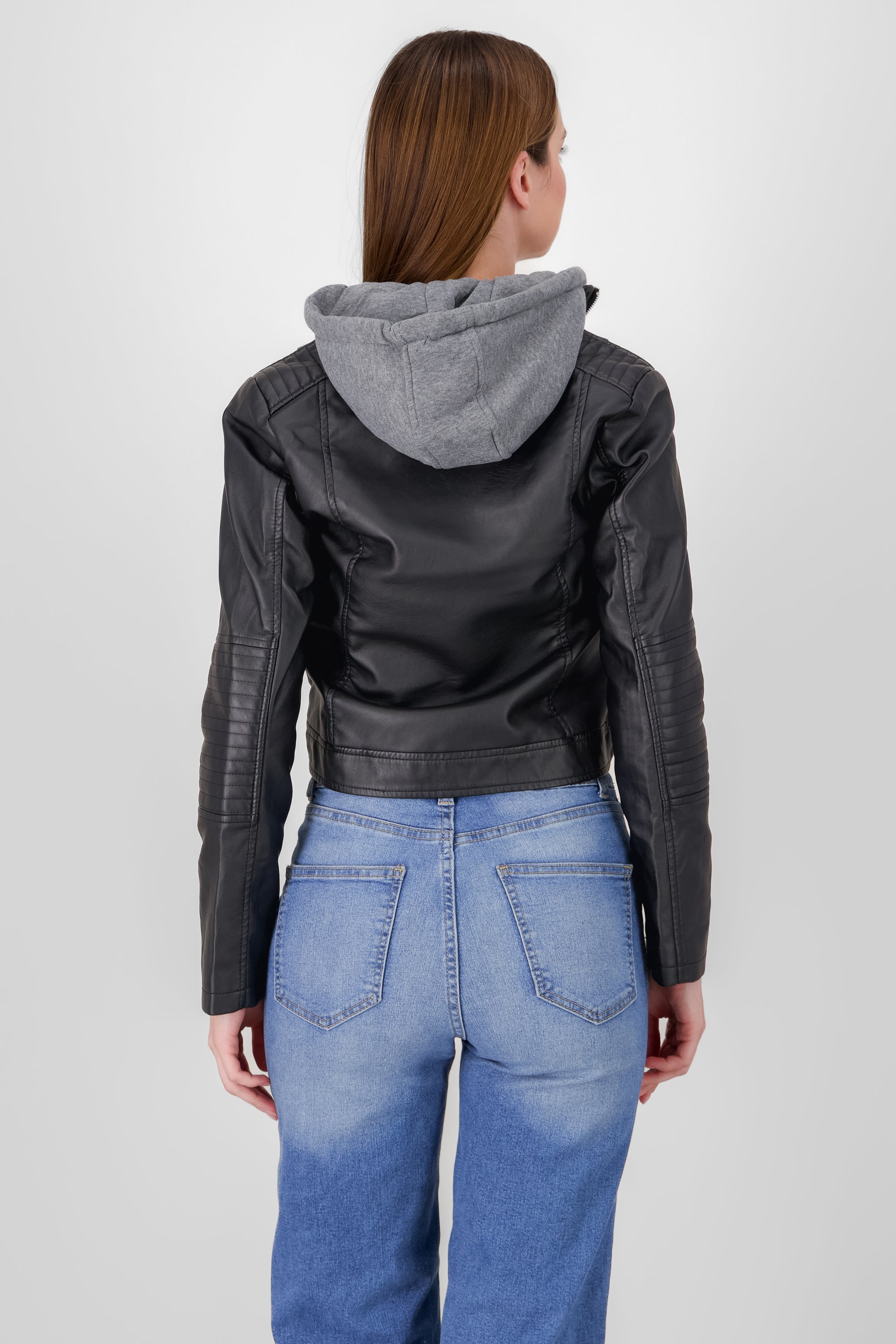 hooded faux leather jacket black gray back