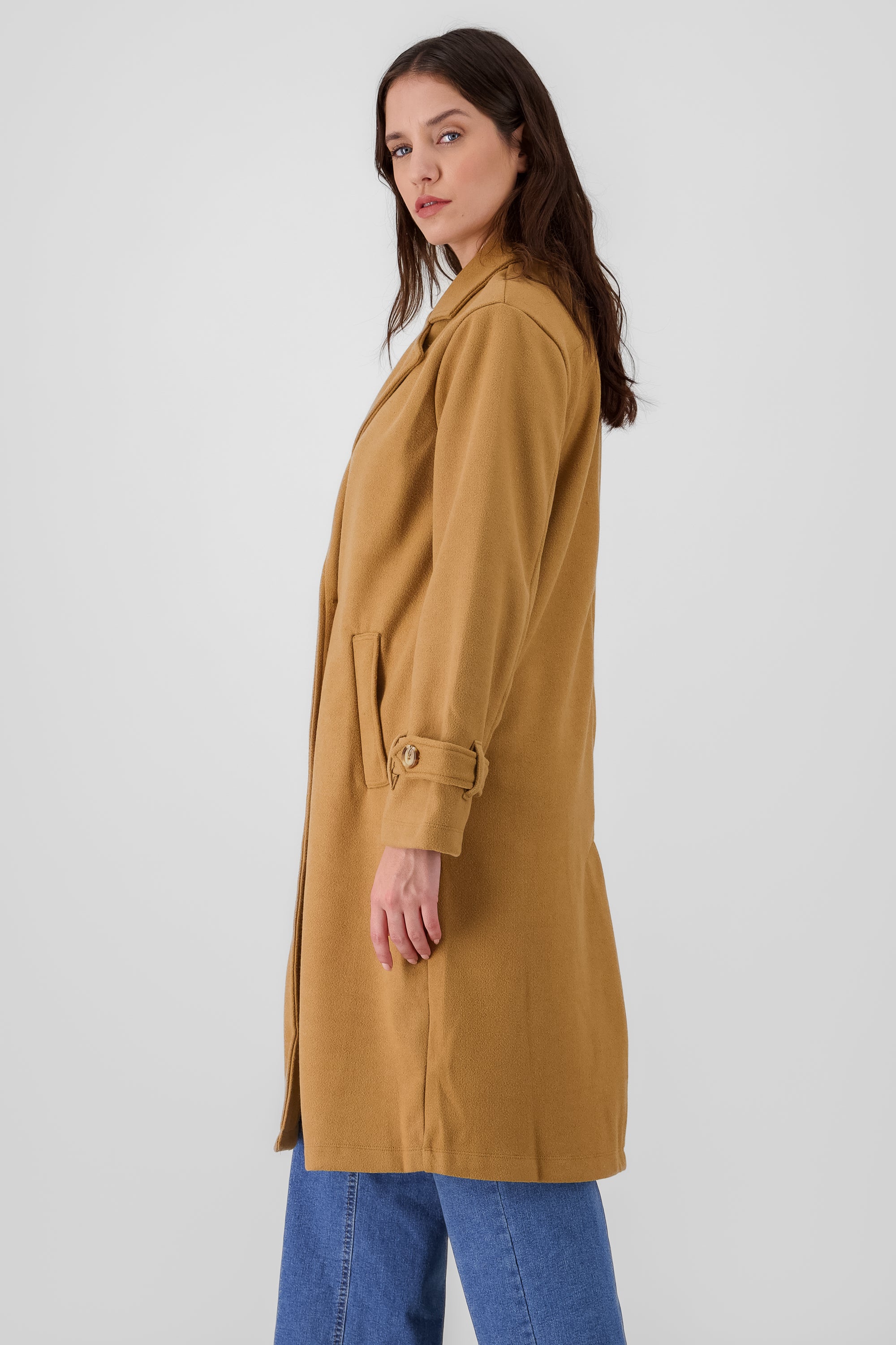 long button coat brown taupe side