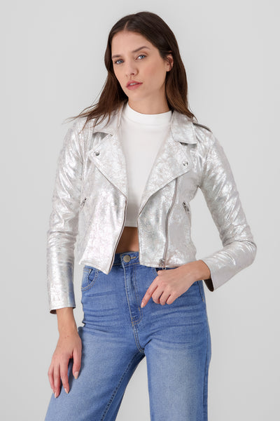 metallic biker jacket silver front