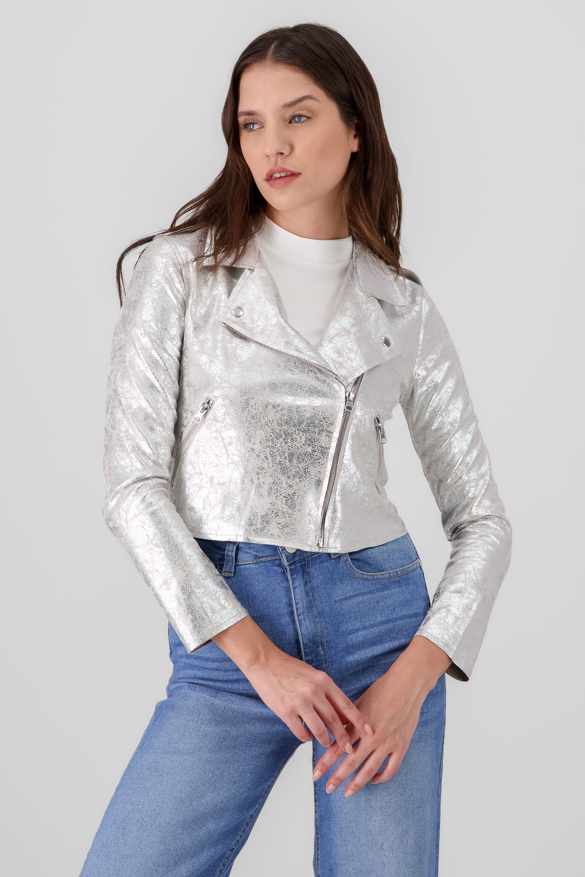 metallic biker jacket silver front 2