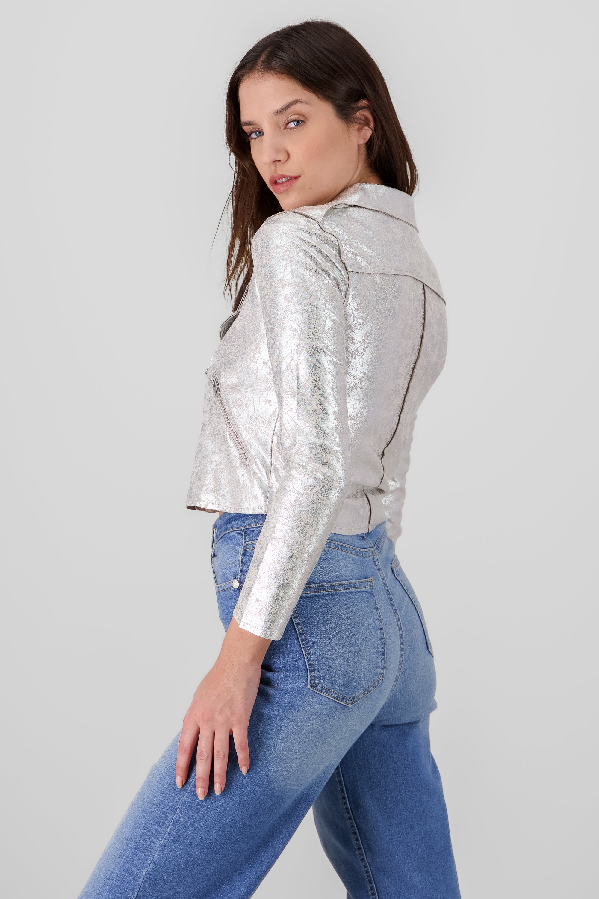 metallic biker jacket silver side