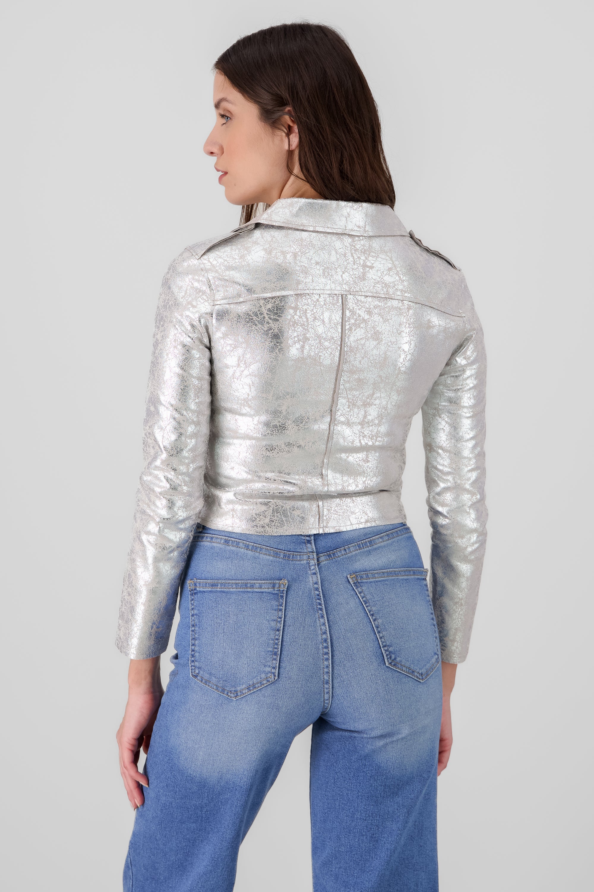 metallic biker jacket silver back