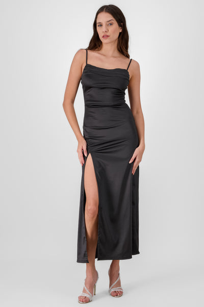 Maxi Satin Dress With an Open Back BLACK