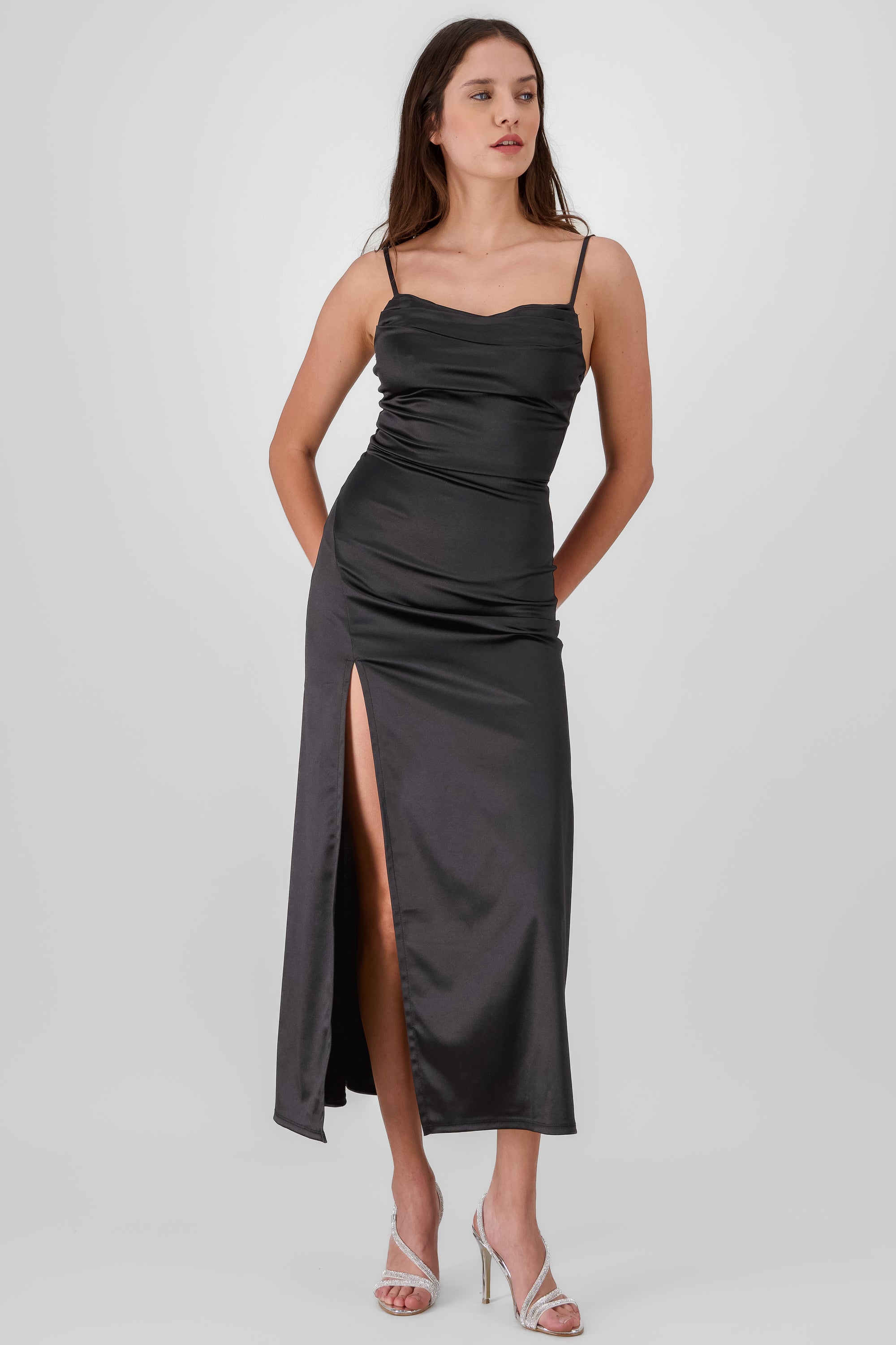 Maxi Satin Dress With an Open Back BLACK