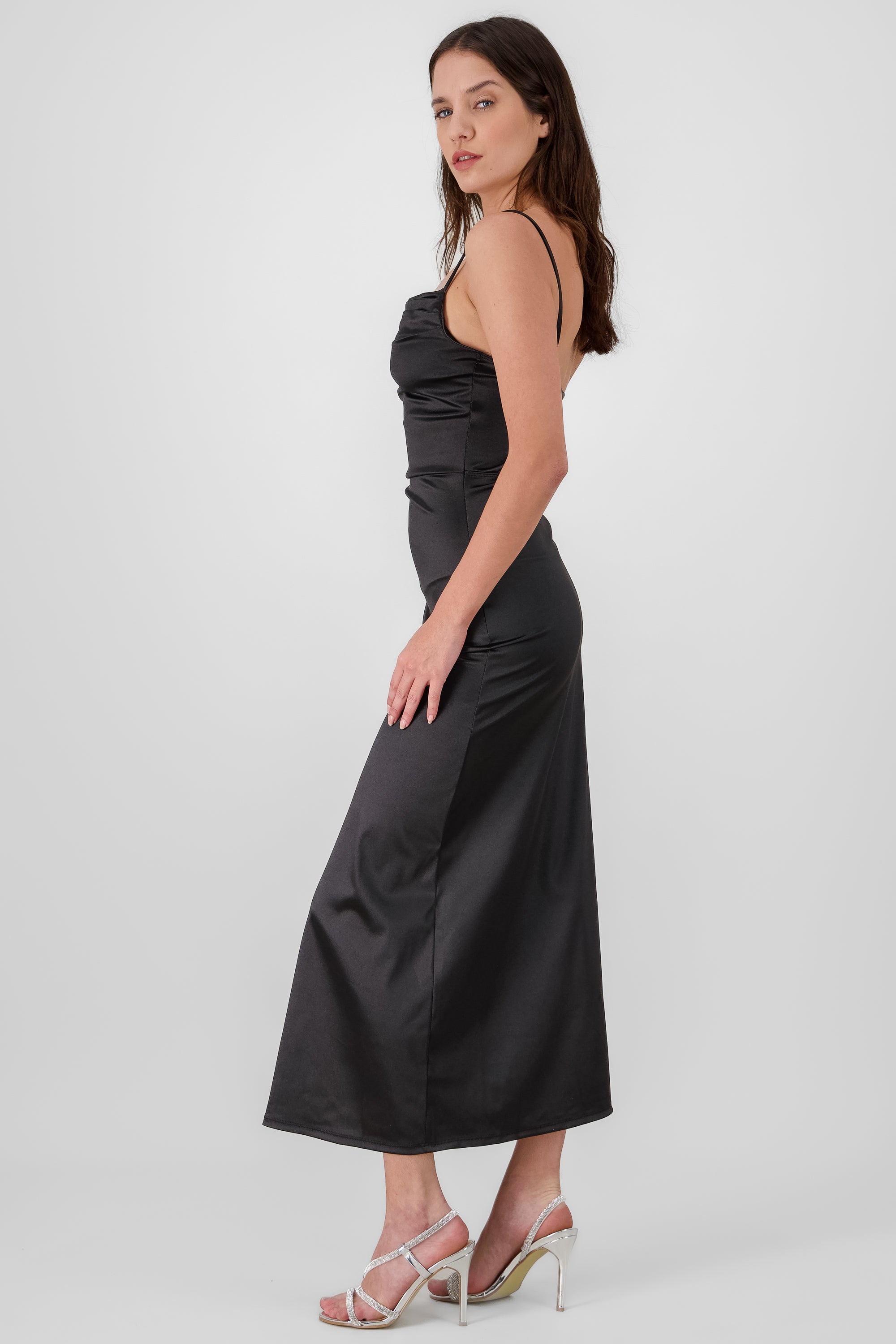 Maxi Satin Dress With an Open Back BLACK