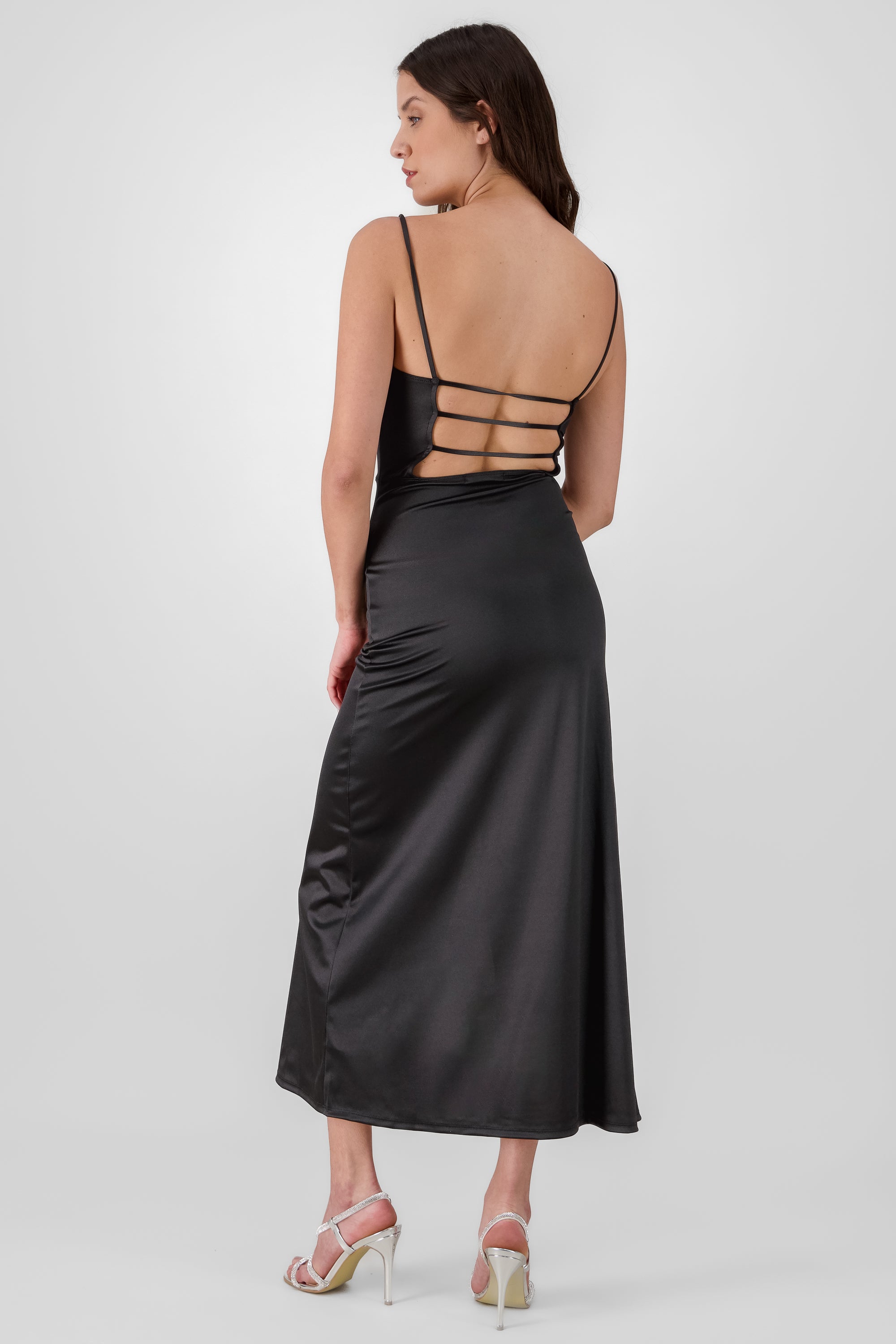 Maxi Satin Dress With an Open Back BLACK