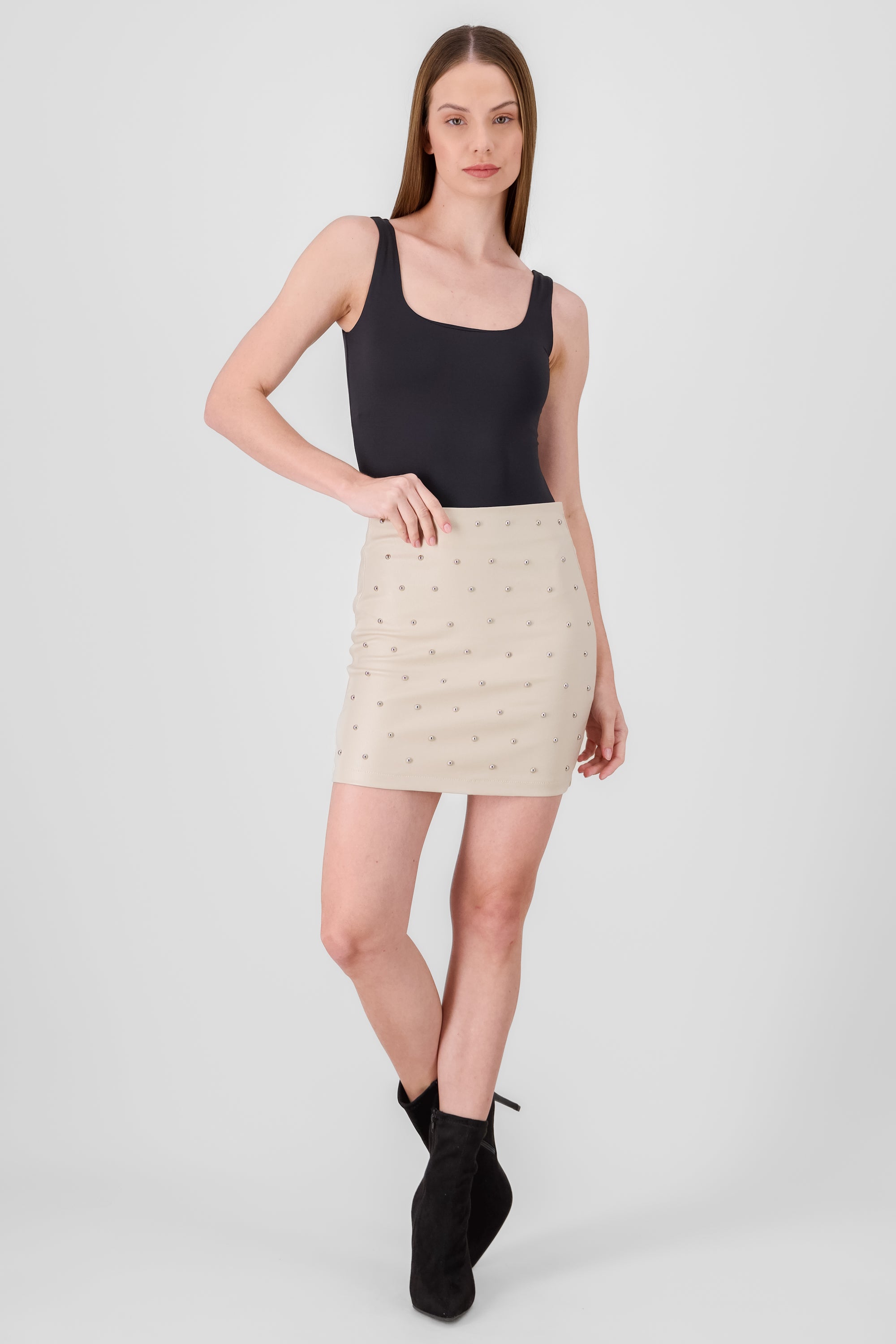 Studs Detail Mini Skirt BEIGE